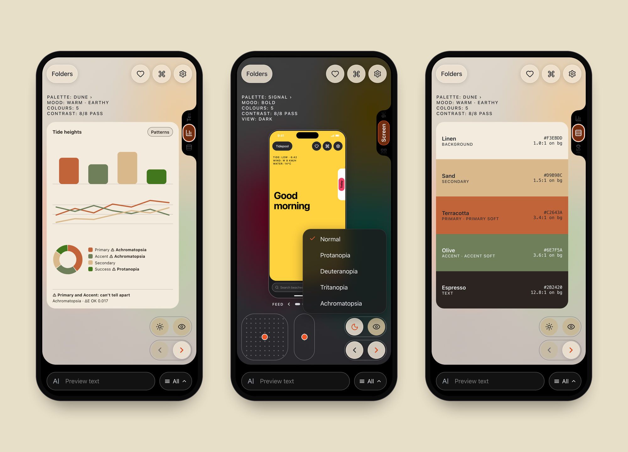Accessibility in the preview: a chart warning that two colours can’t be told apart with achromatopsia, the vision simulation menu, and swatches with their contrast ratios.