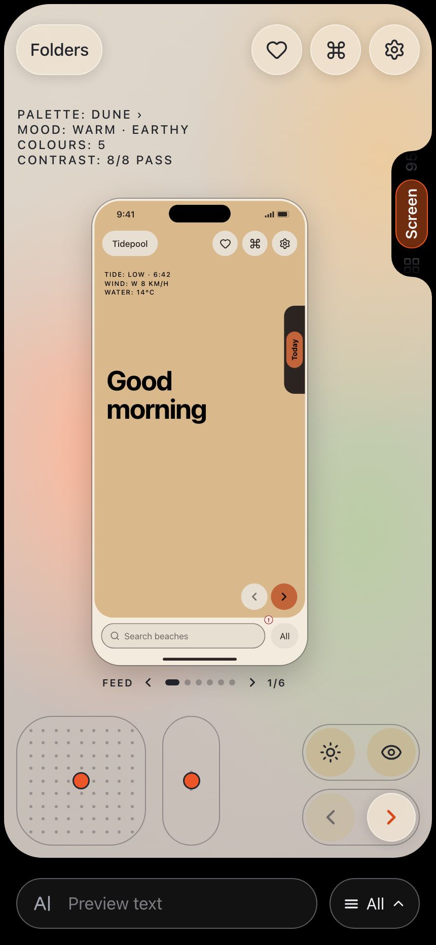 360° feed: the Dune palette on a sample weather app screen, with its name, mood and a contrast score of 8 out of 8 passing.