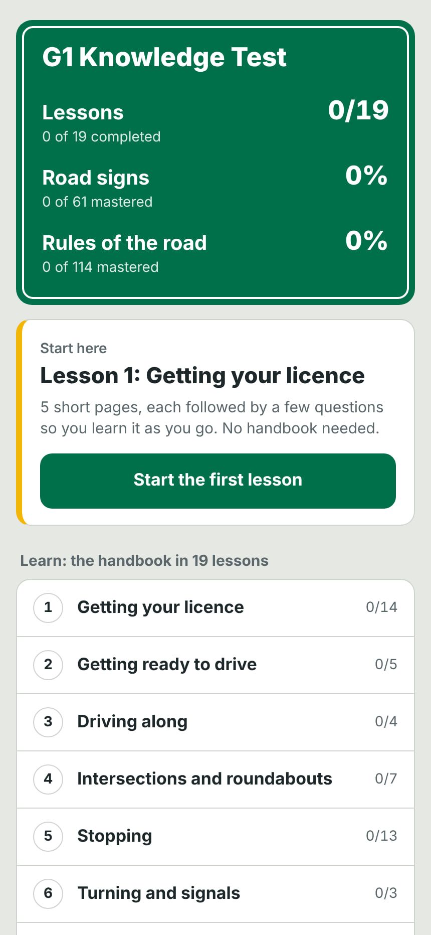 G1 Test Prep home screen: progress for lessons, road signs and rules of the road, and a button to start the first lesson.