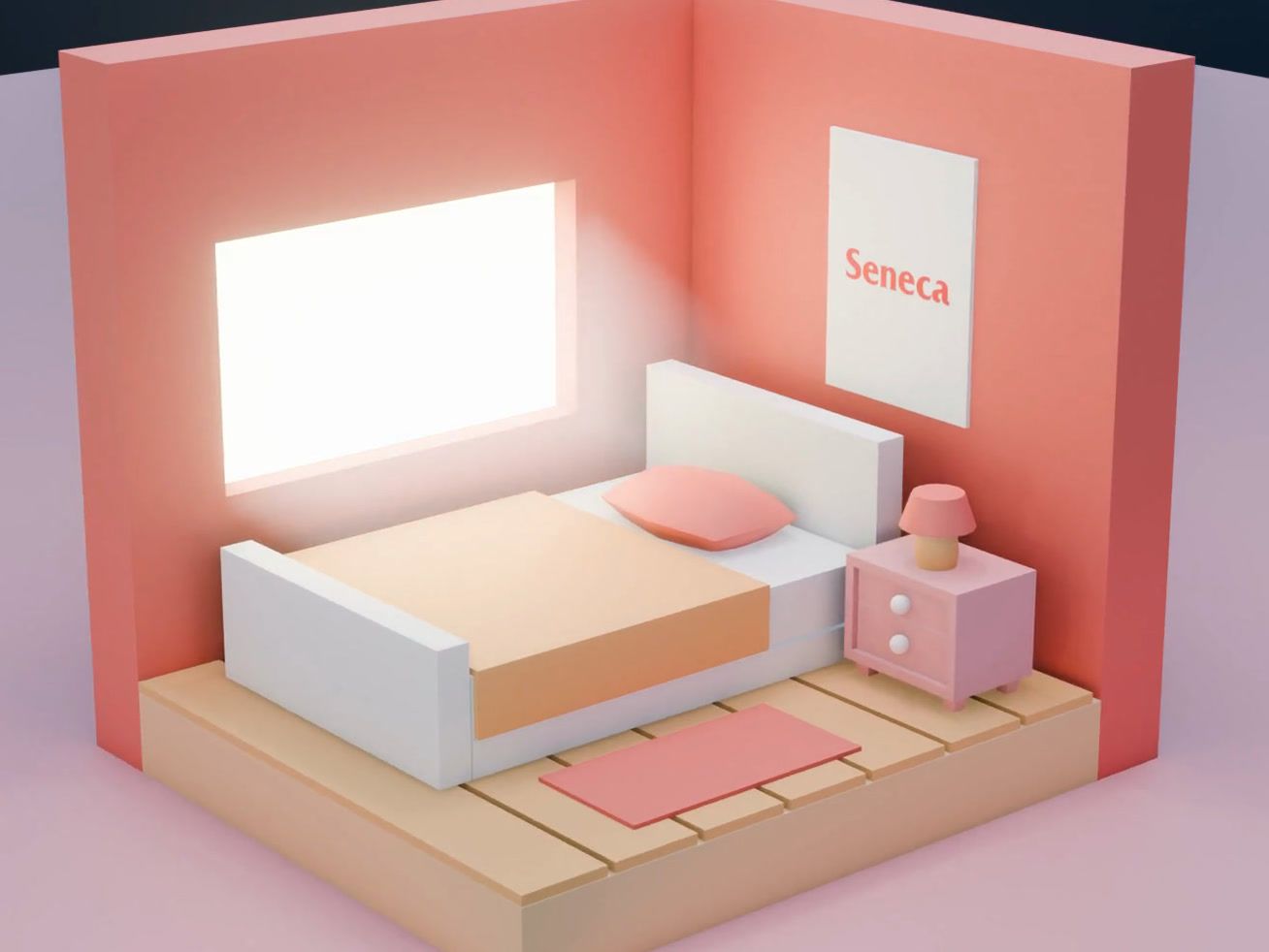 A finished cartoon bedroom in pink and peach tones, made in Blender.