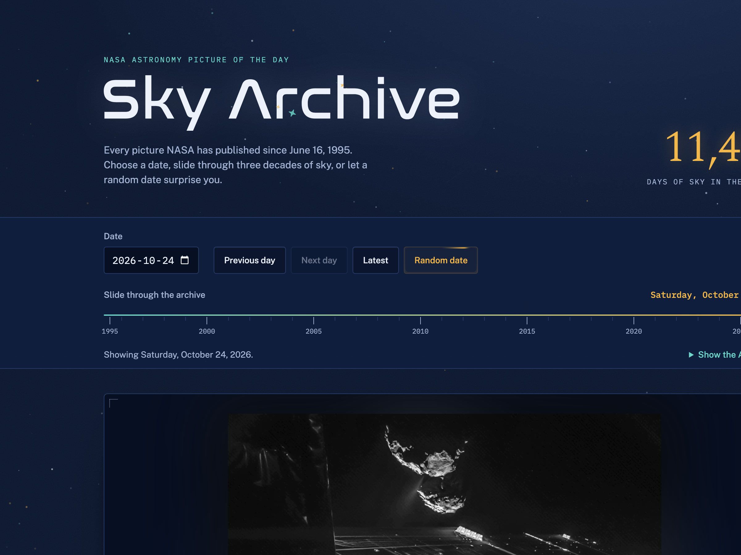 Sky Archive on a desktop screen: the title, a count of 11,454 days in the archive, and the date controls.