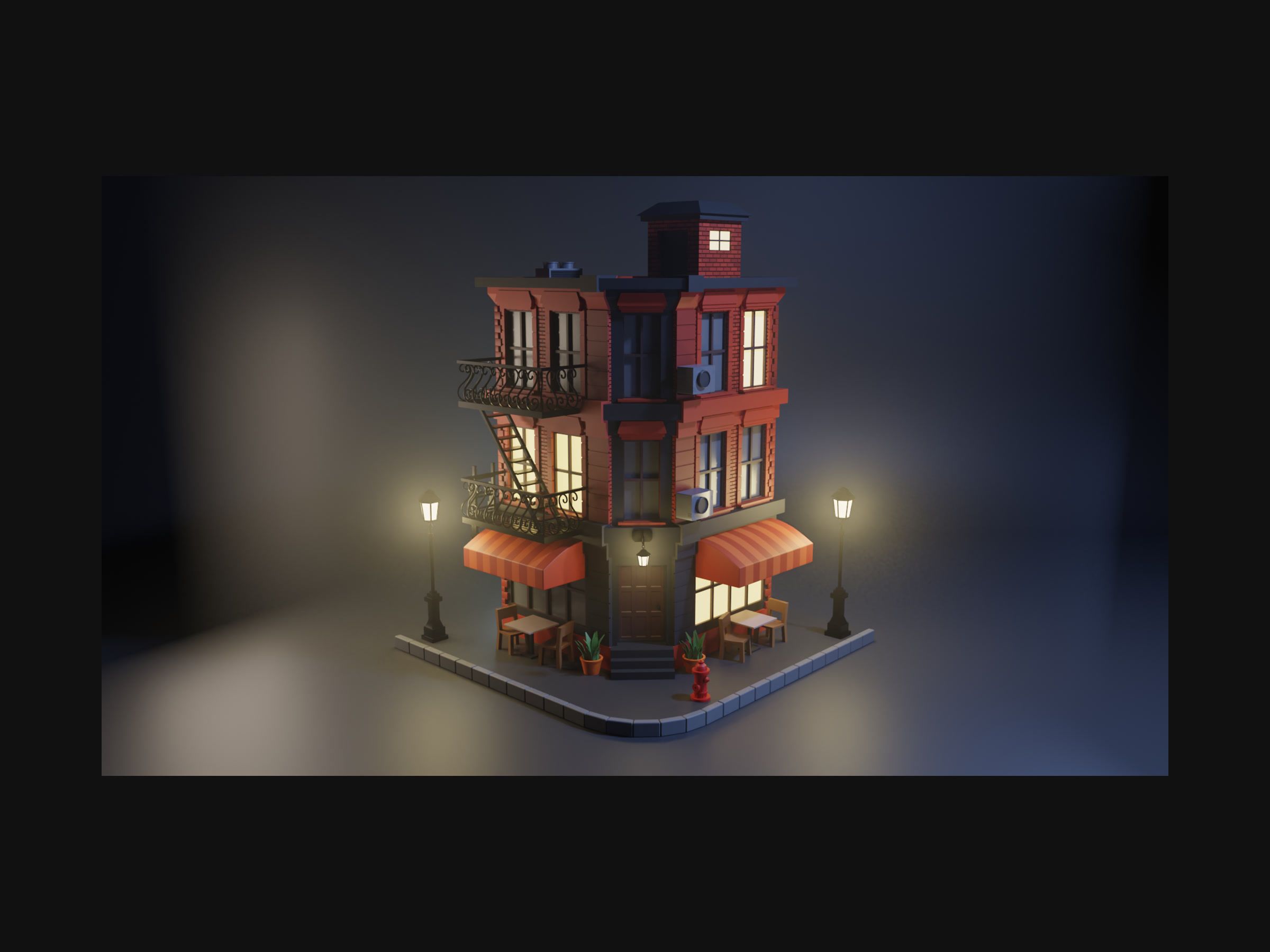 A red-brick corner building at night, with lit windows, a fire escape and an awning, made in Blender.