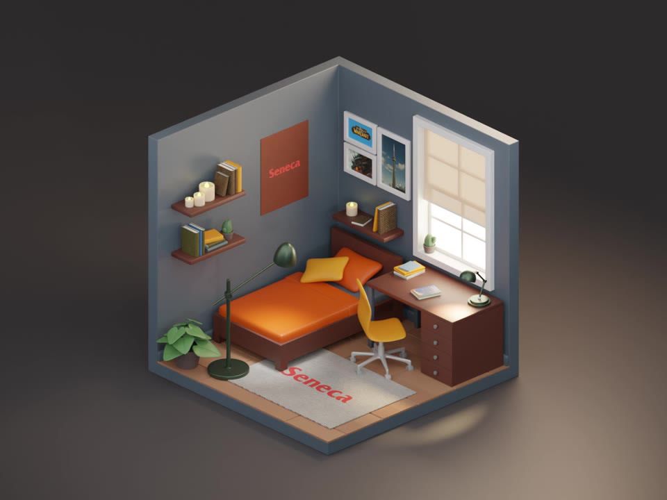 An isometric bedroom with a bed, desk, shelves, window and Seneca rug, on a grey backdrop.