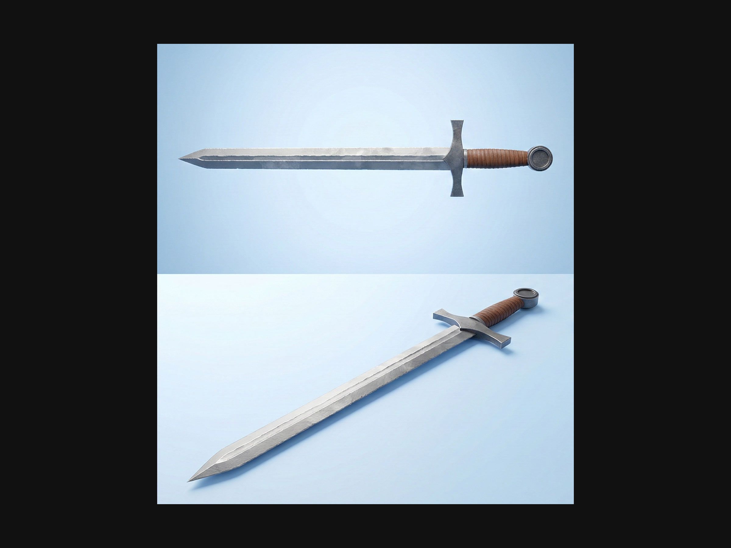 A steel longsword with a leather-wrapped grip, rendered in Blender from two angles.
