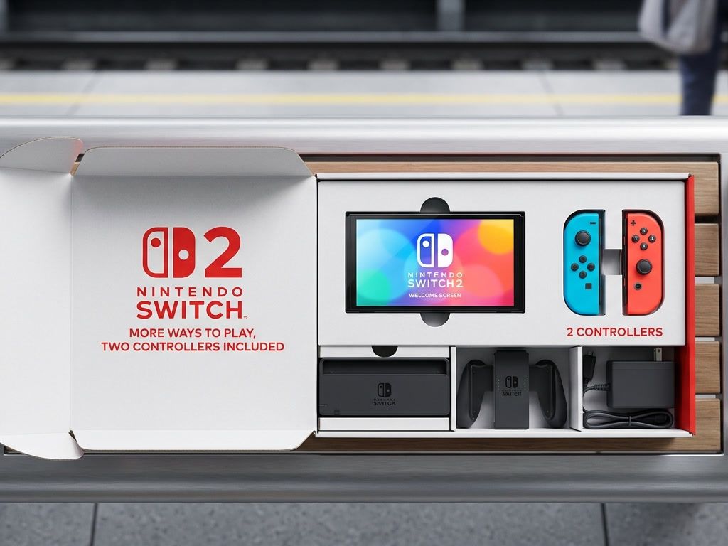 Out-of-home ad mockup: a Nintendo Switch 2 box on display in a transit shelter, with two controllers included.