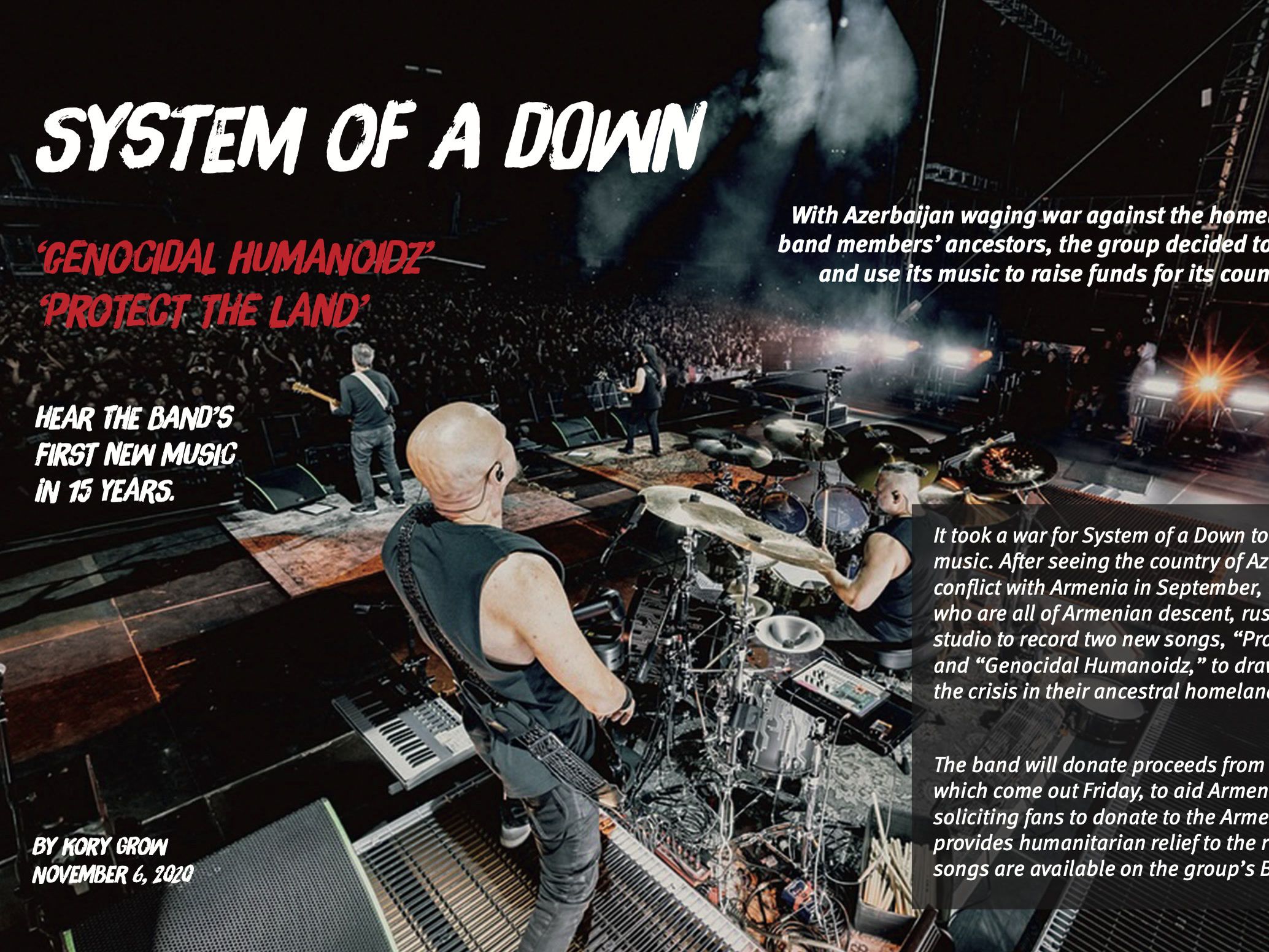 Opening spread of the System of a Down feature: a full-bleed concert photo with the headline and a standfirst.