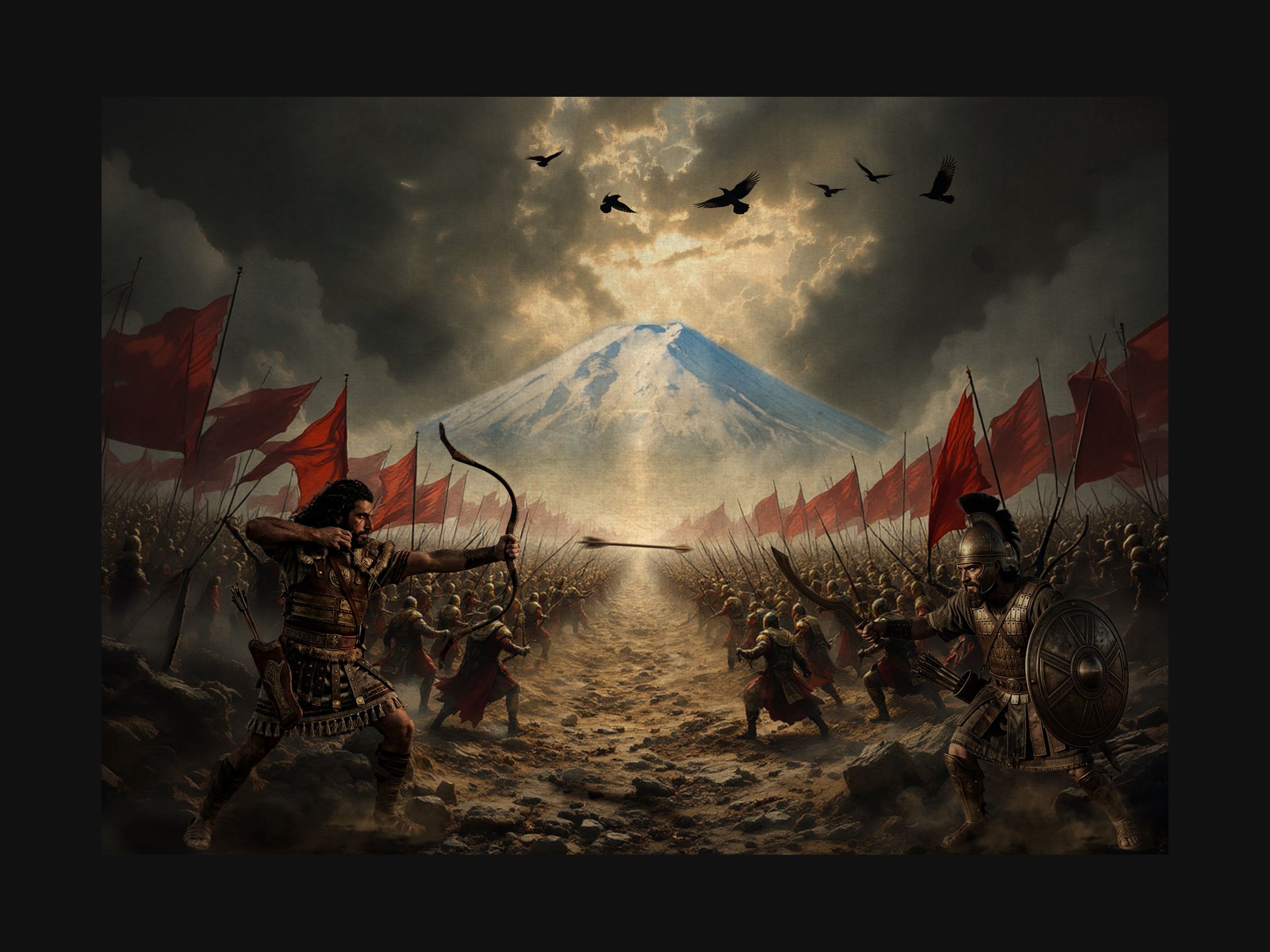 An archer and a warrior army face each other below a snow-capped mountain under a stormy sky.