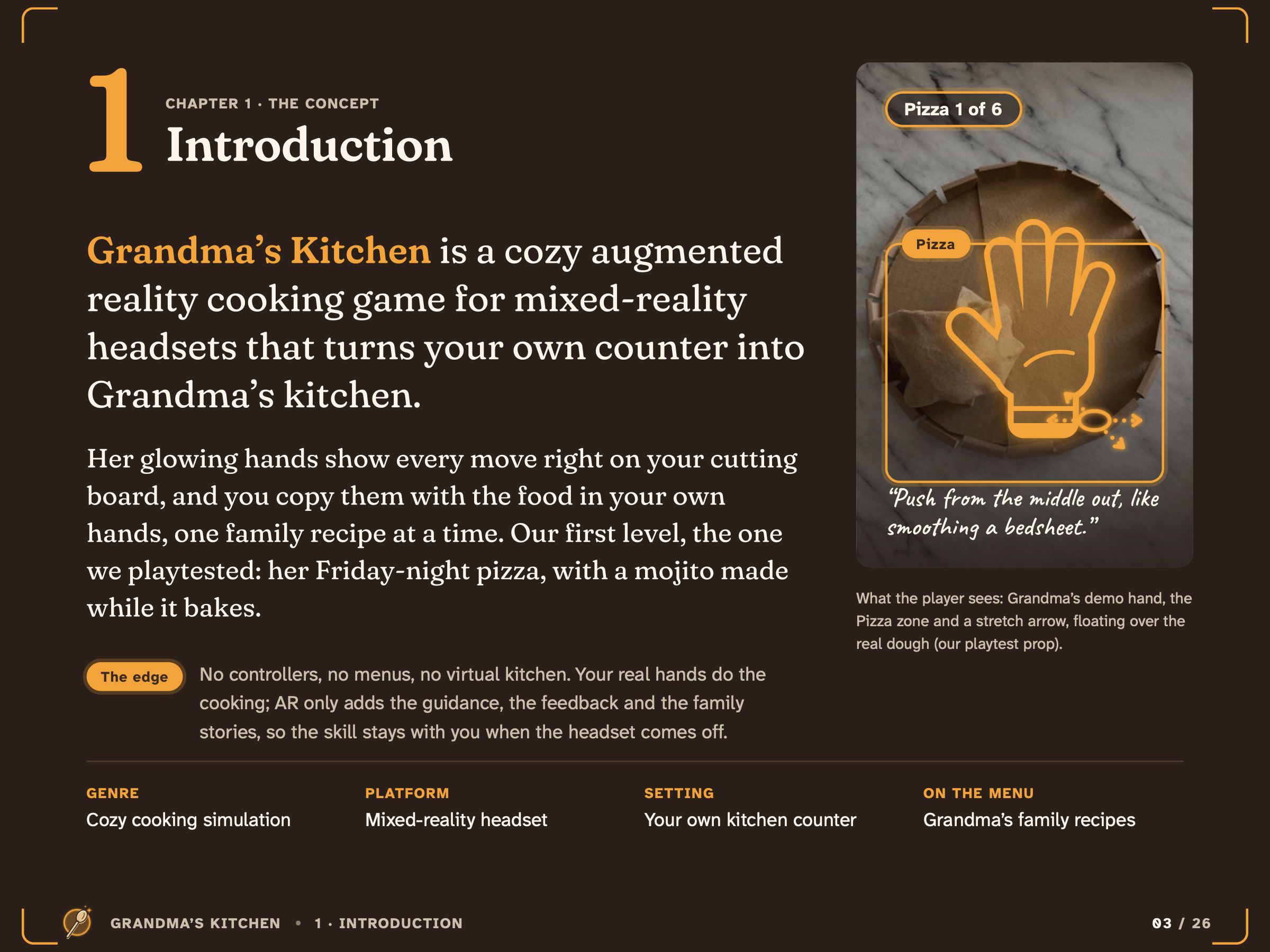 The concept book's introduction page: a short description of Grandma's Kitchen beside a glowing hand holding a pizza recipe card.