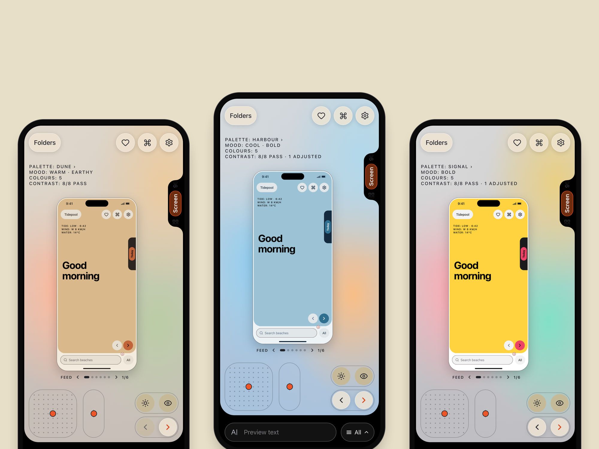 Three screens of 360° on cream: the same weather app screen in a warm sand, a soft blue and a bold yellow palette.