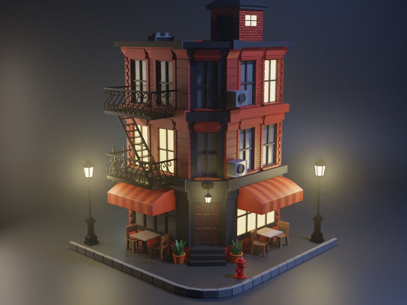 A red-brick corner building at night, with lit windows, a fire escape and an awning, made in Blender.