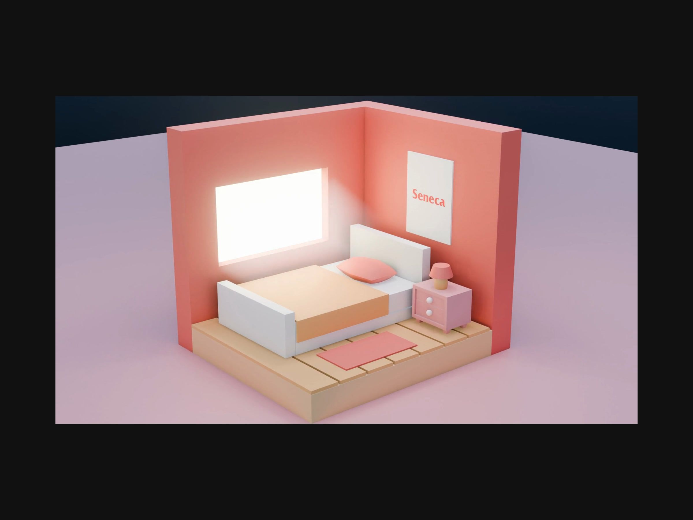A finished cartoon bedroom in pink and peach tones, made in Blender.
