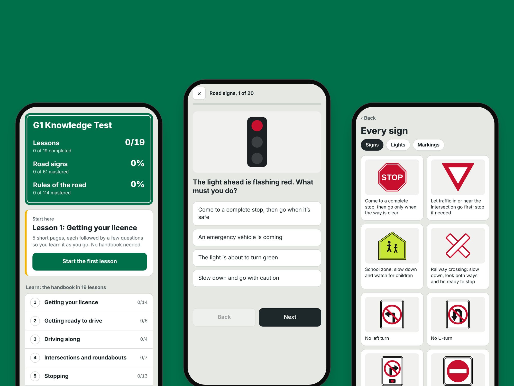 Three screens of G1 Test Prep on green: progress on the home screen, a traffic light question and the road sign gallery.