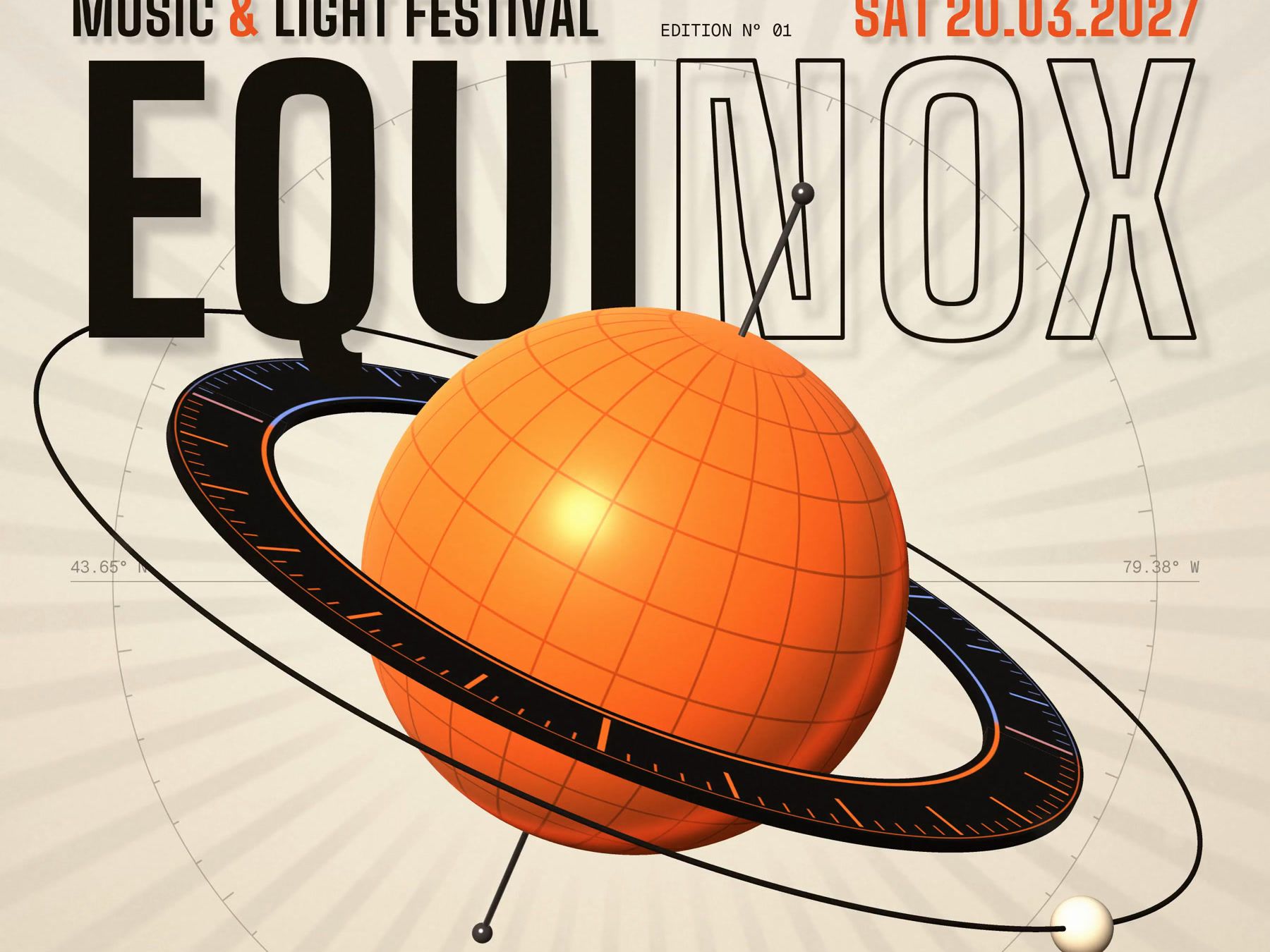 Day version of the Equinox festival poster: EQUINOX lettering over an orange planet in rings.