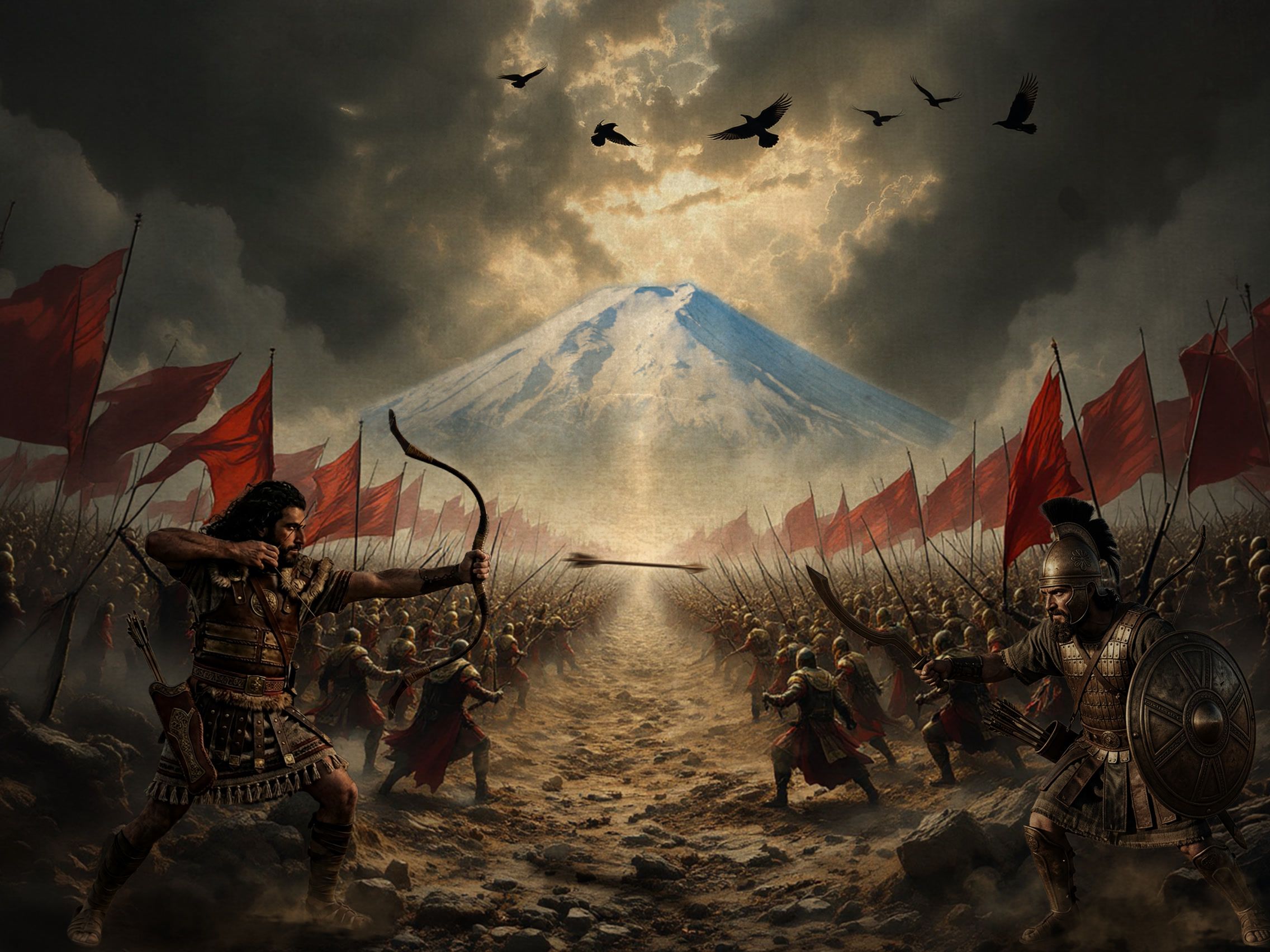An archer and a warrior army face each other below a snow-capped mountain under a stormy sky.