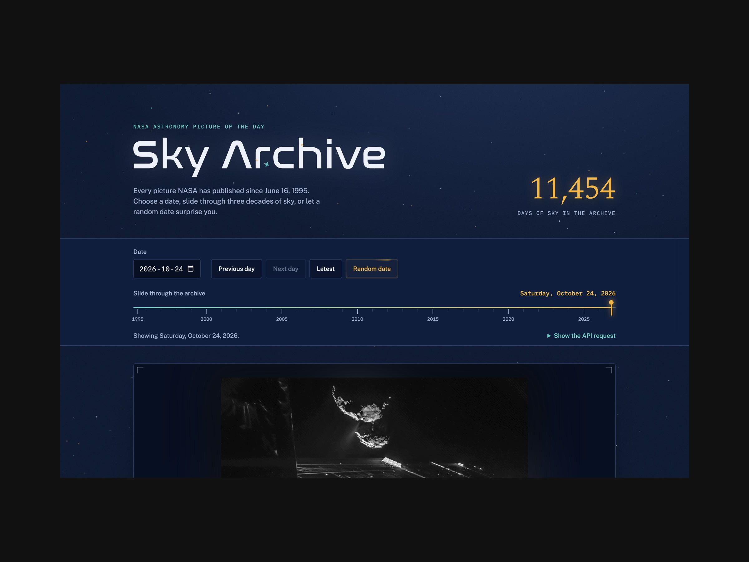 Sky Archive on a desktop screen: the title, a count of 11,454 days in the archive, and the date controls.