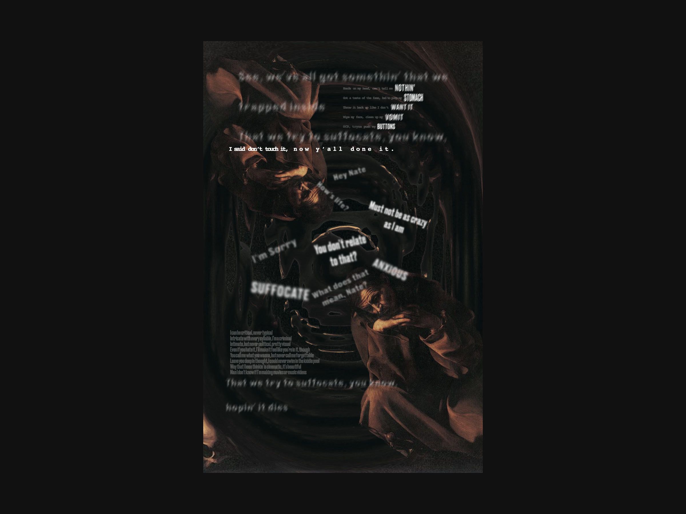 Typographic poster for The Search by NF: lyrics set in scattered, warped type over a dark figure.