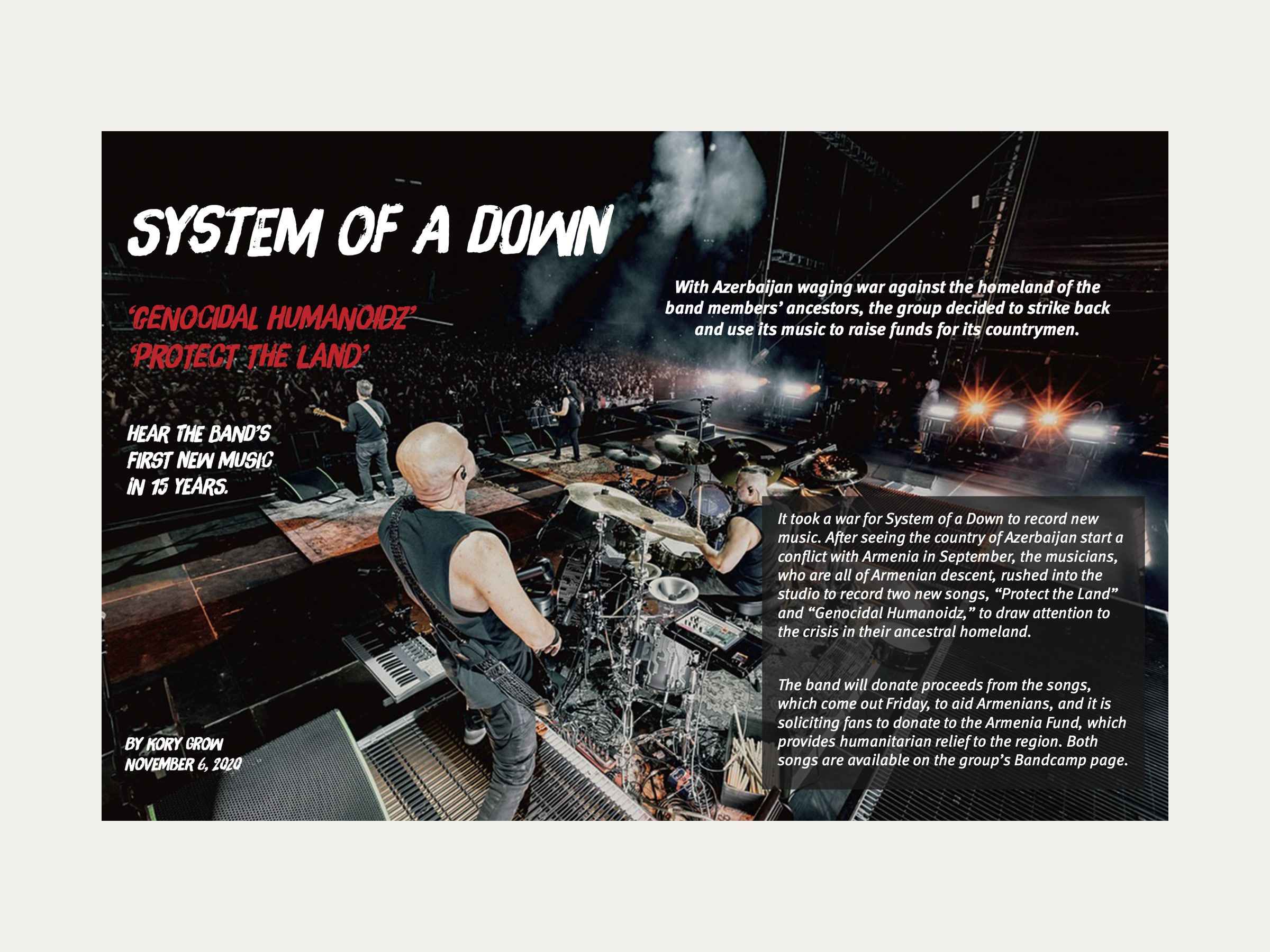 Opening spread of the System of a Down feature: a full-bleed concert photo with the headline and a standfirst.