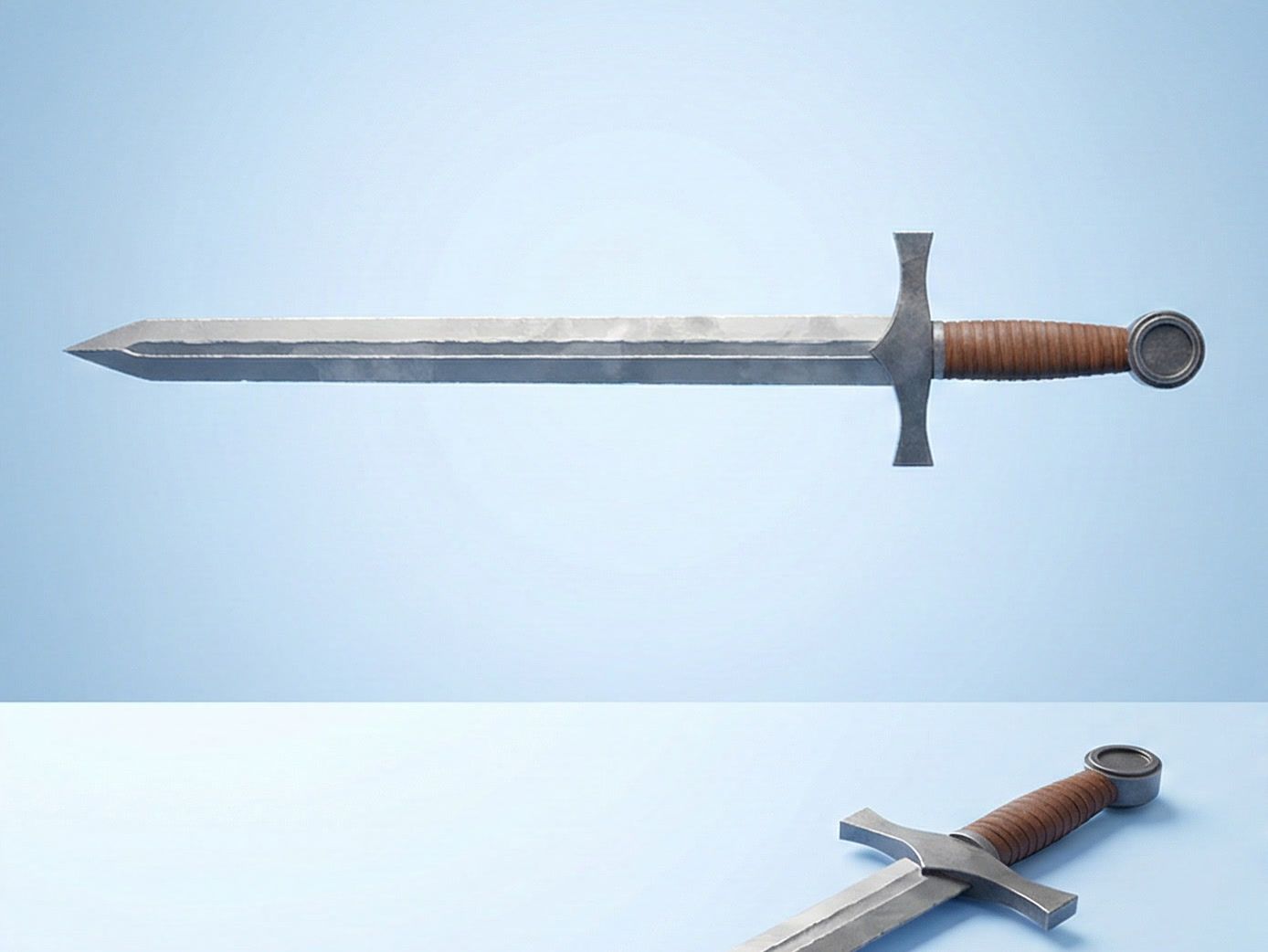 A steel longsword with a leather-wrapped grip, rendered in Blender from two angles.