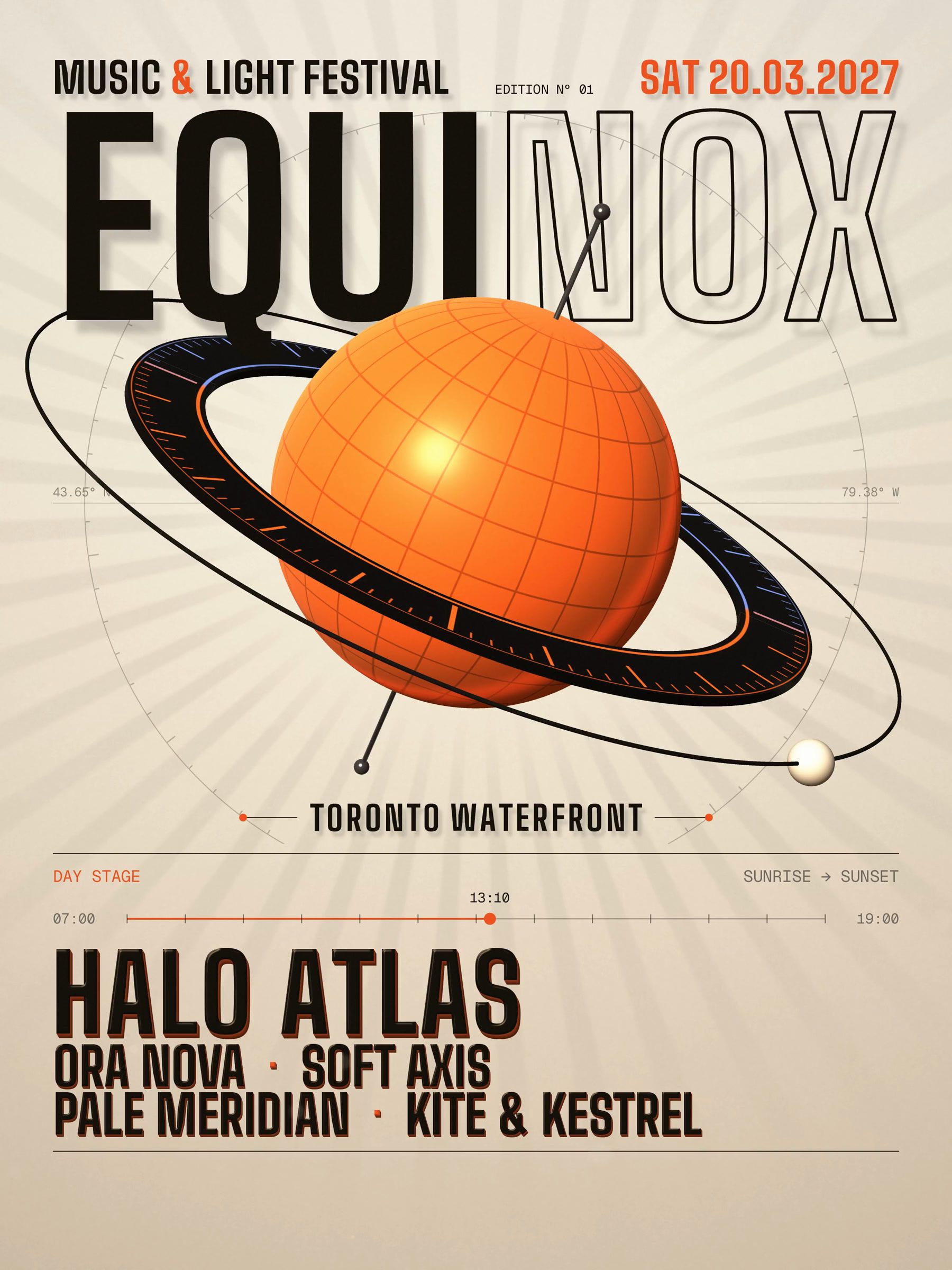 Day version of the poster: an orange ringed planet over the Halo Atlas line-up, for a music and light festival on 20.03.2027.