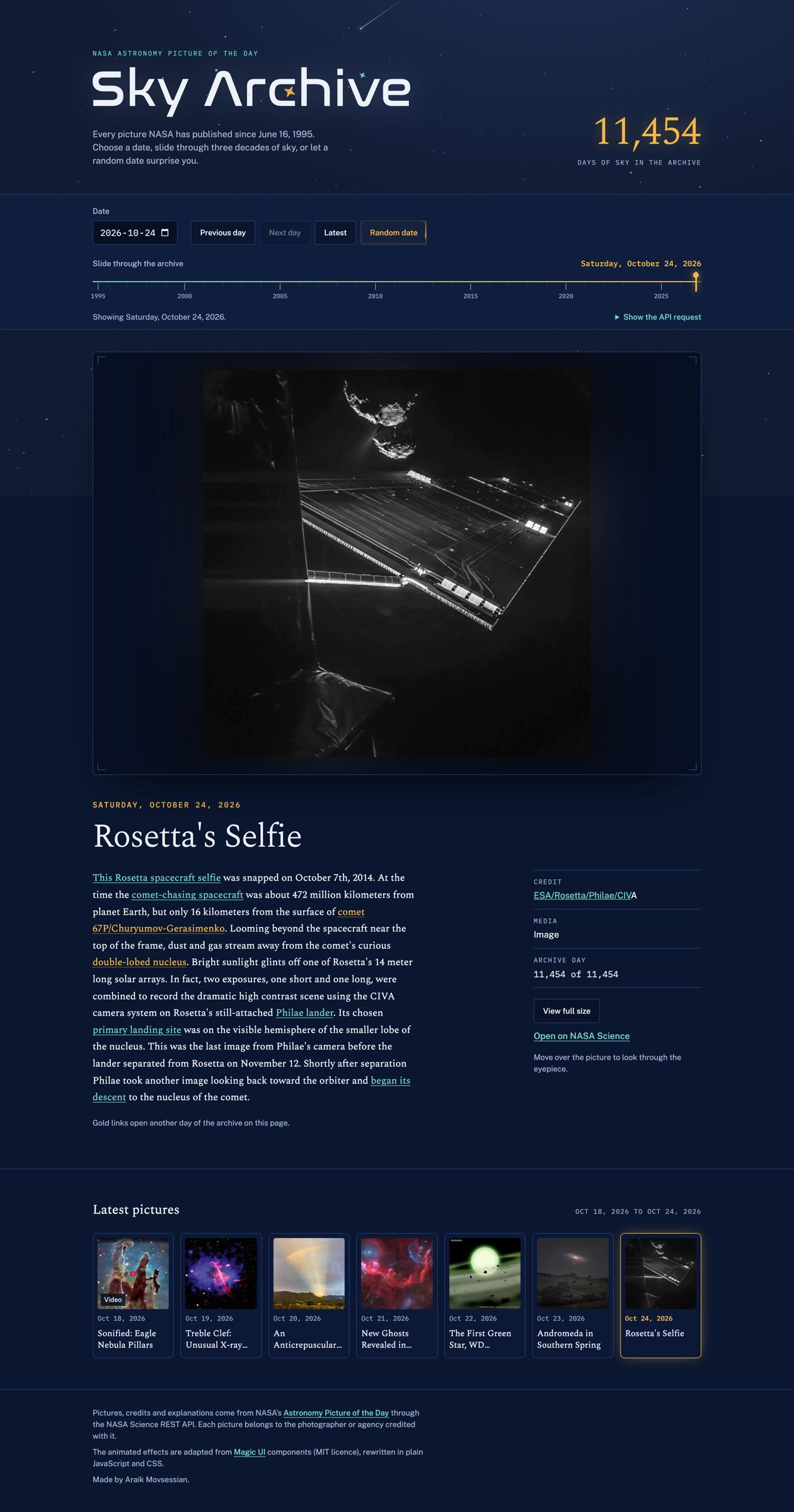 The whole page on desktop: the picture, its title and explanation, and a strip of the days around it.