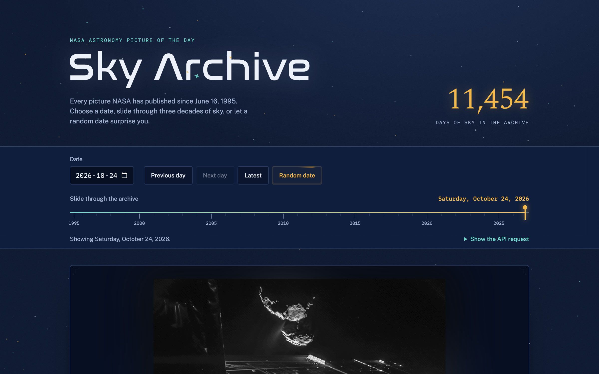 Sky Archive on desktop: date controls and a slider through the archive above the day's picture.