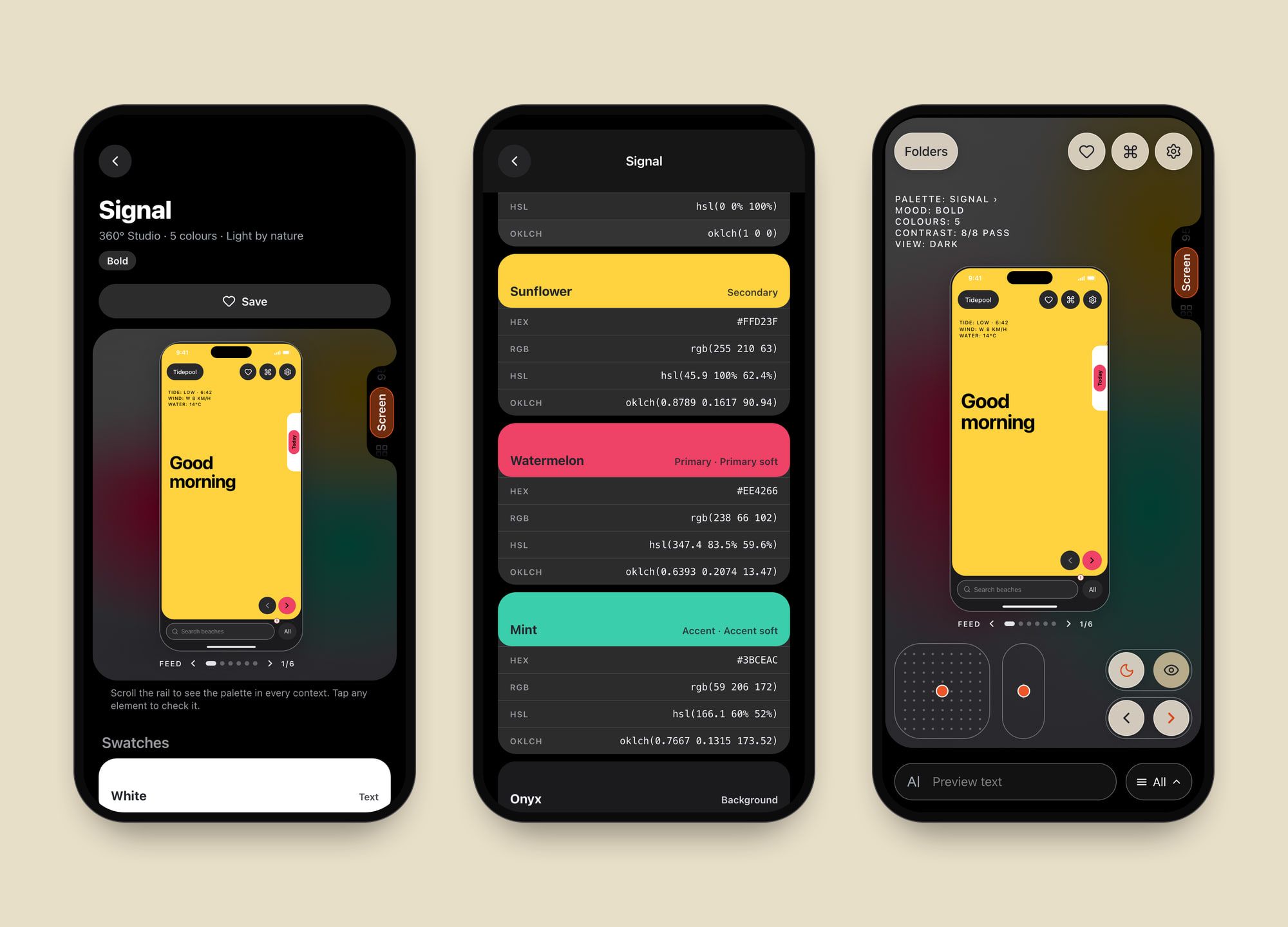 The Signal palette in detail, with each colour’s HEX, RGB, HSL and OKLCH codes, and the same palette on the feed in dark appearance.