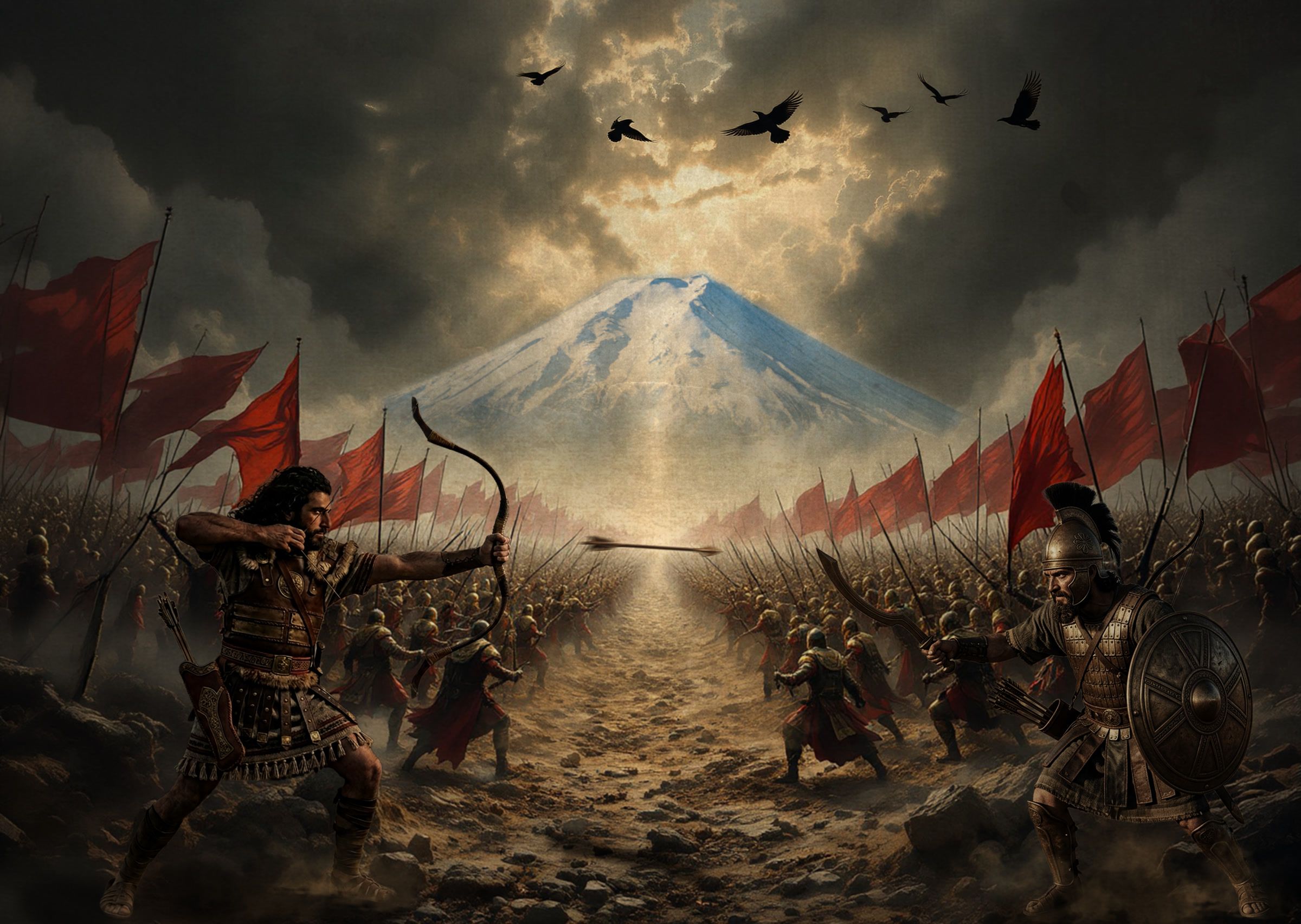 The final composite: two armies with red banners meet in a field, an archer drawing his bow in front, a snow-capped mountain behind.