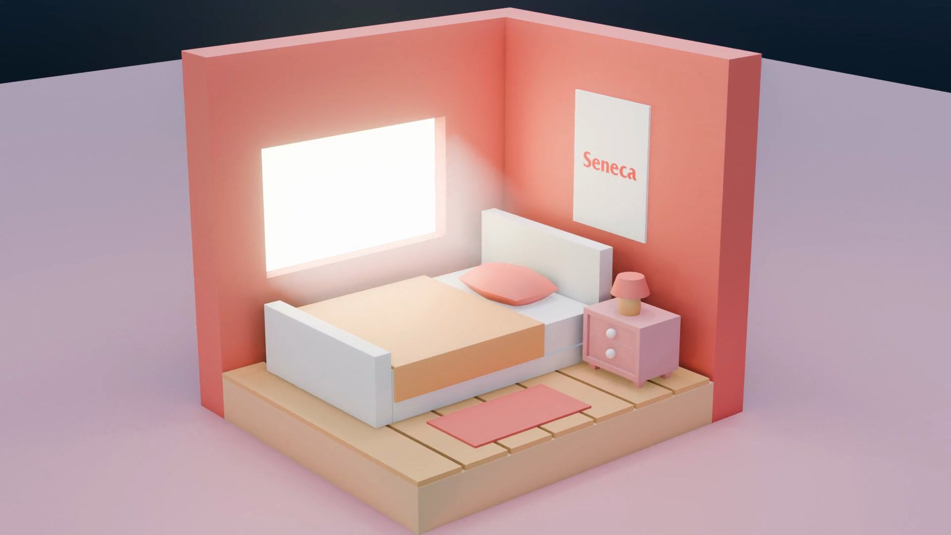 The finished room: pink walls, a bright window, a bed, a bedside table and a Seneca poster.