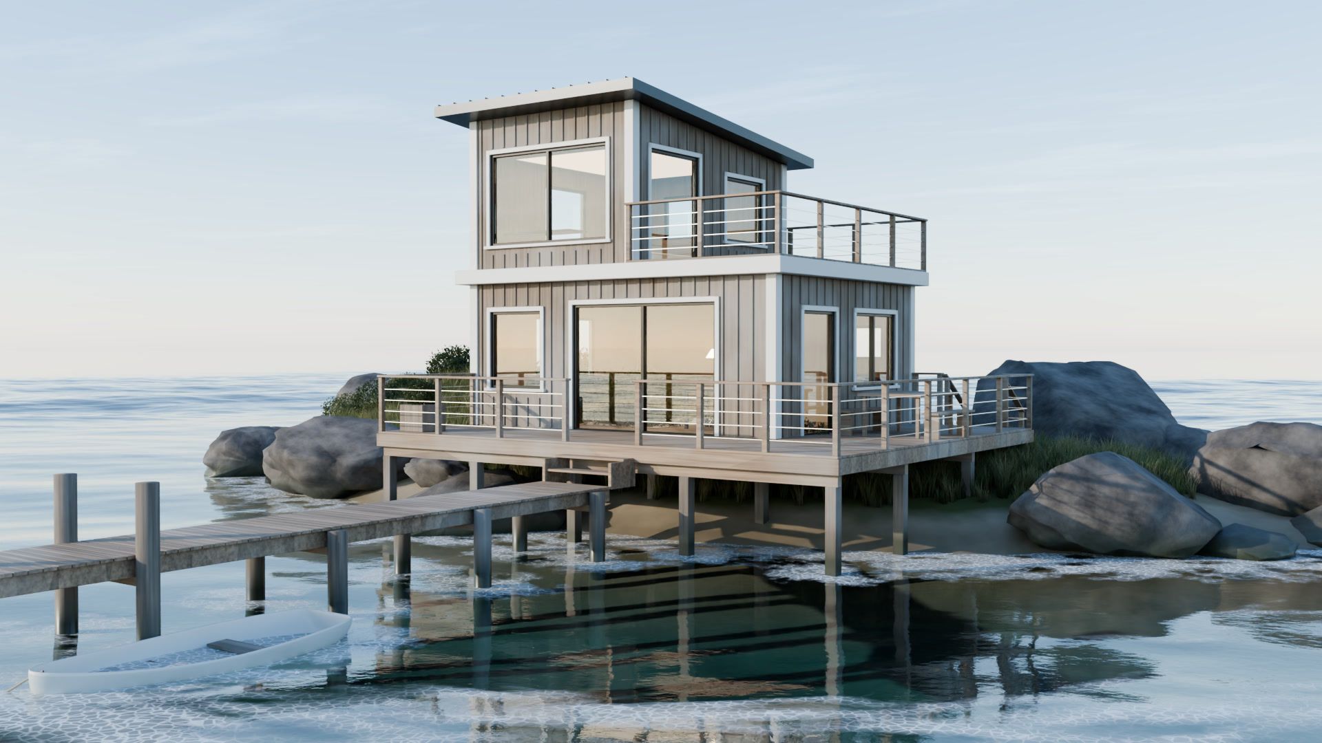 Still render of the island house: balconies, large windows and a jetty, with reflections in the water.