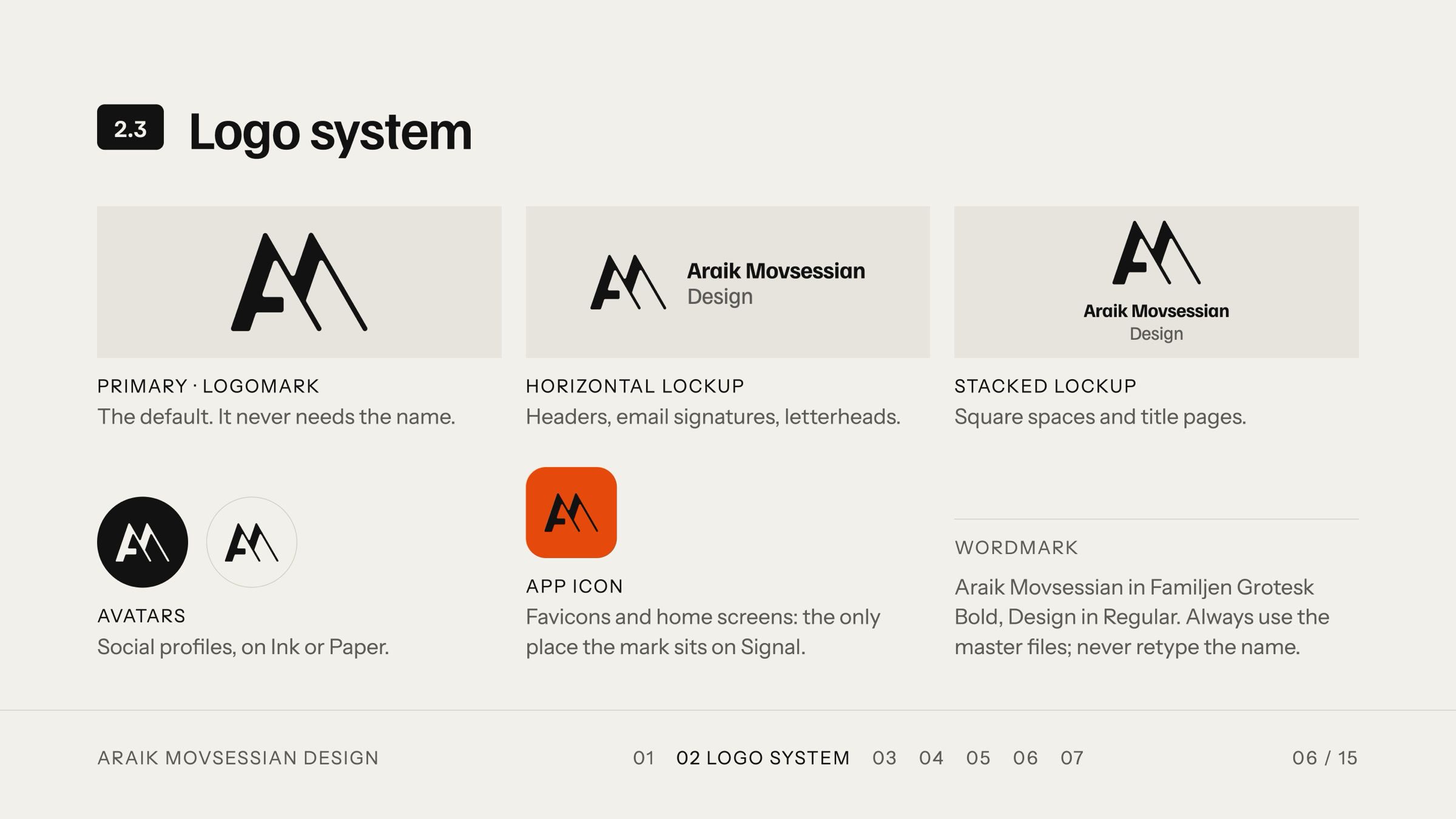 Logo system slide: the logomark, horizontal and stacked lockups, avatars and app icon.