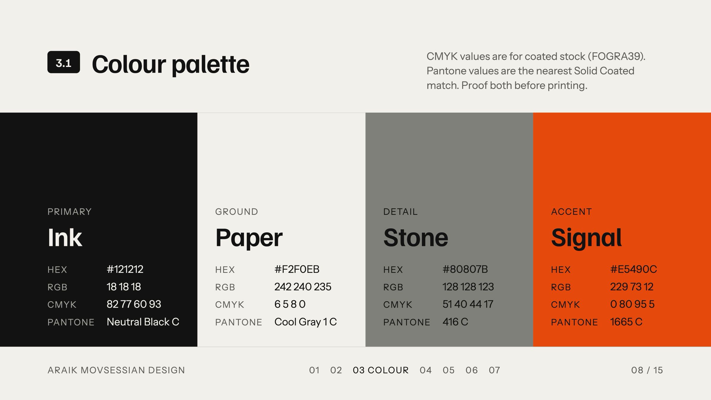 Colour palette slide: Ink, Paper, Stone and Signal with their colour values.