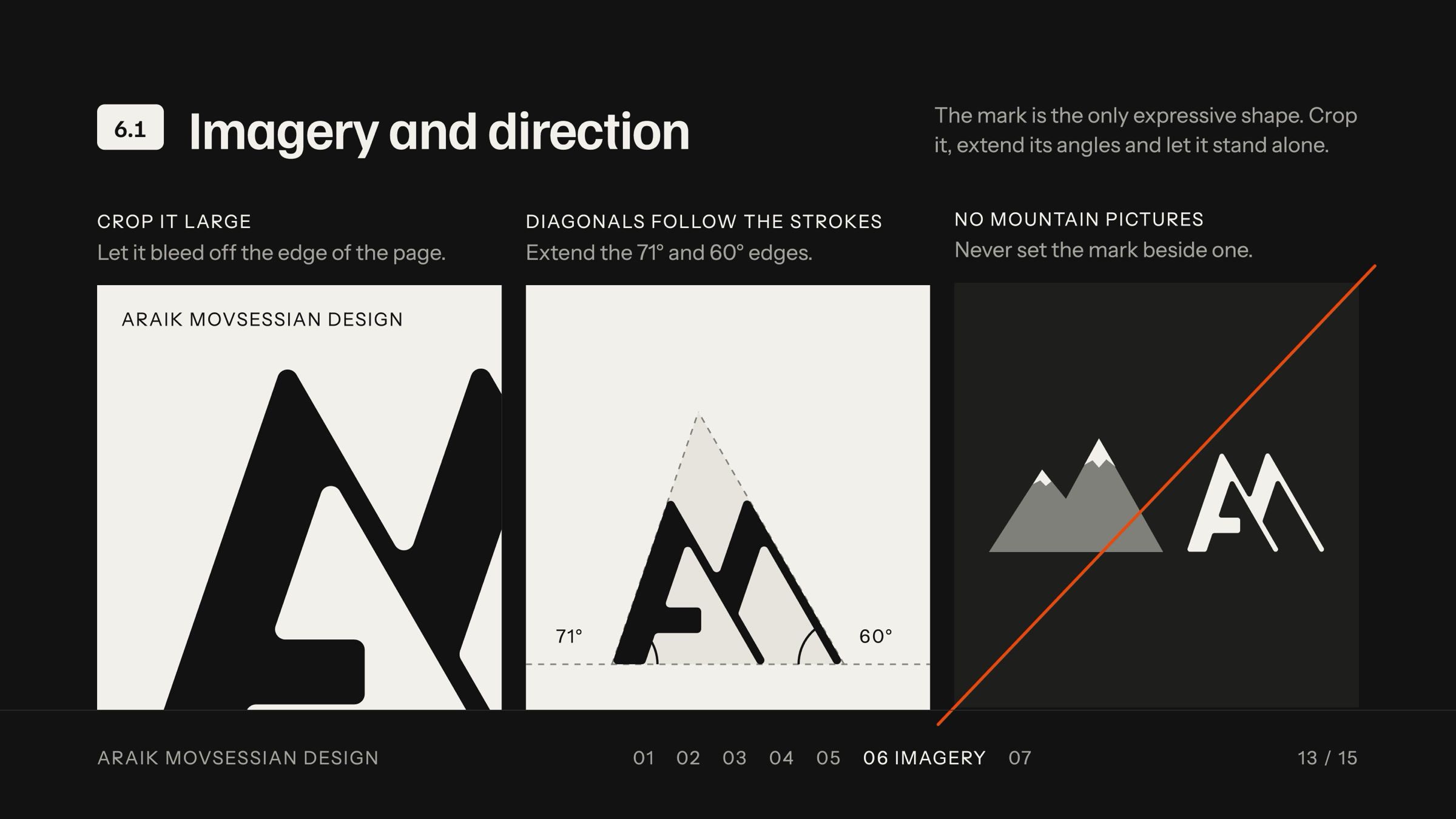 Imagery slide: the mark cropped large, with diagonals following its strokes.
