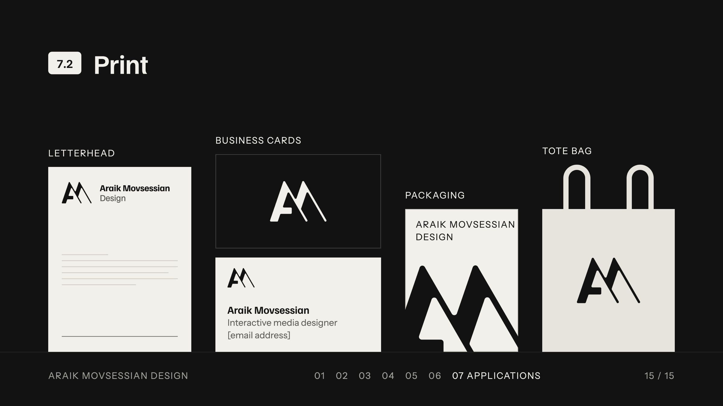 Print slide: letterhead, business cards, packaging and a tote bag.