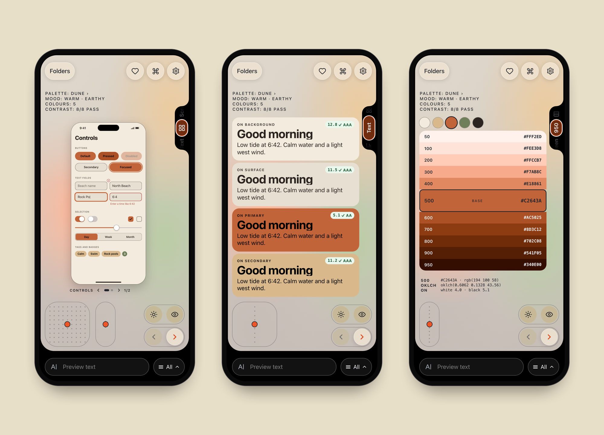 One palette in every context: buttons and form controls, text on each background with its contrast score, and a 50 to 950 colour scale.