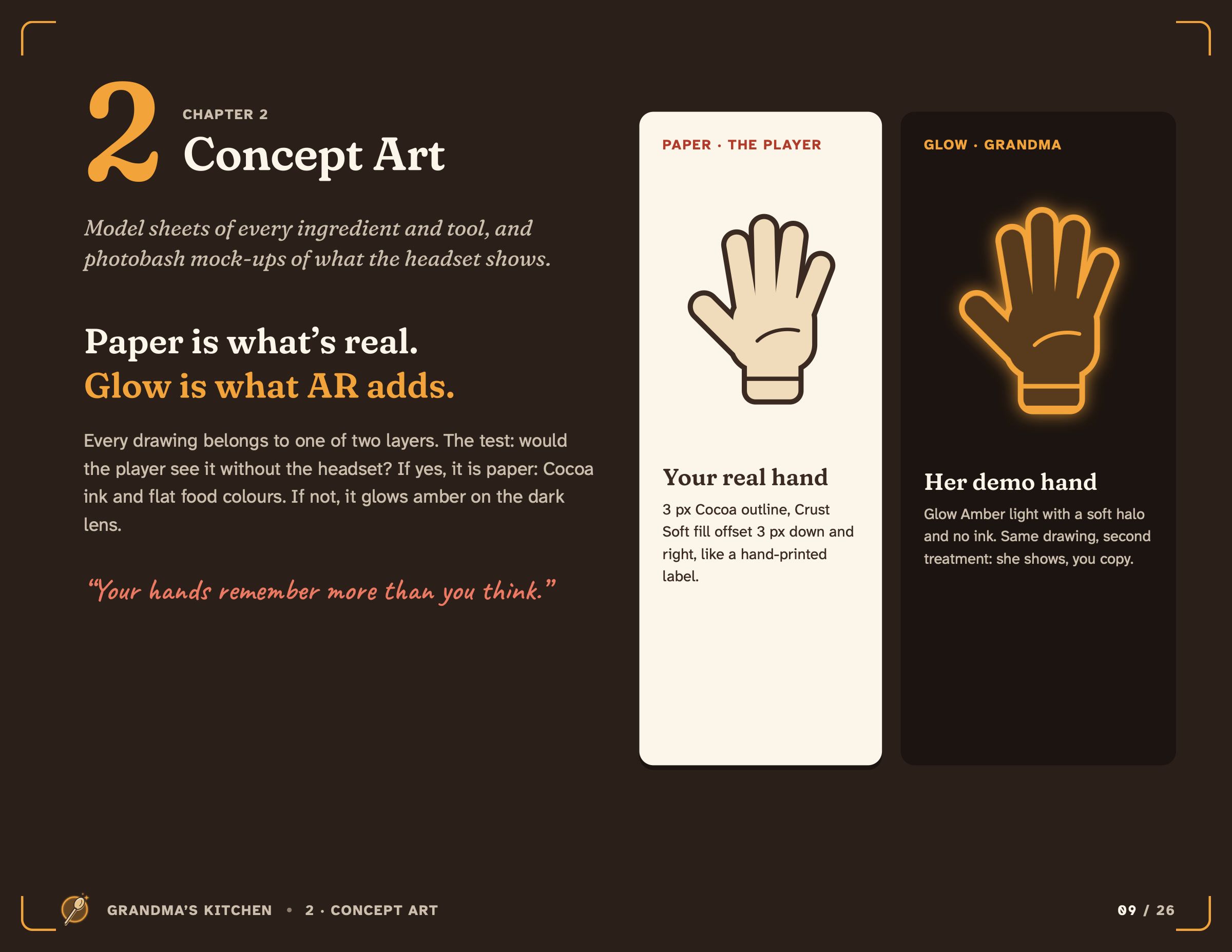 Concept art: paper is what is real, glow is what AR adds, shown as a paper hand and a glowing hand.