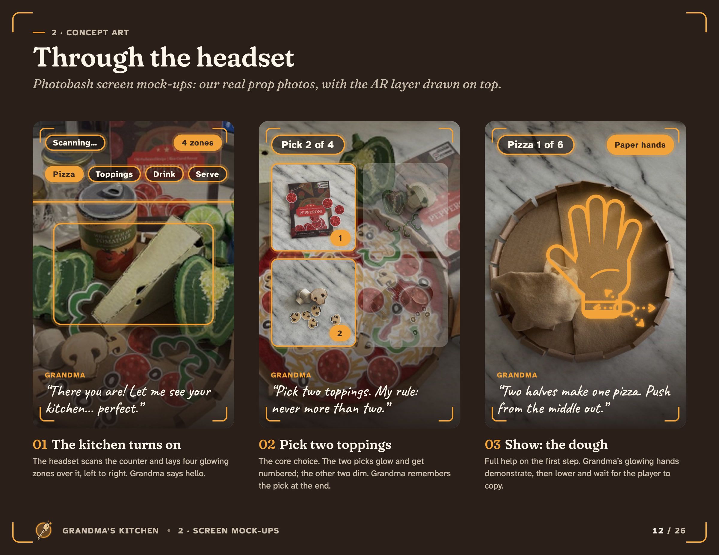 Through the headset: photo mock-ups of the real props with the AR layer drawn on top.