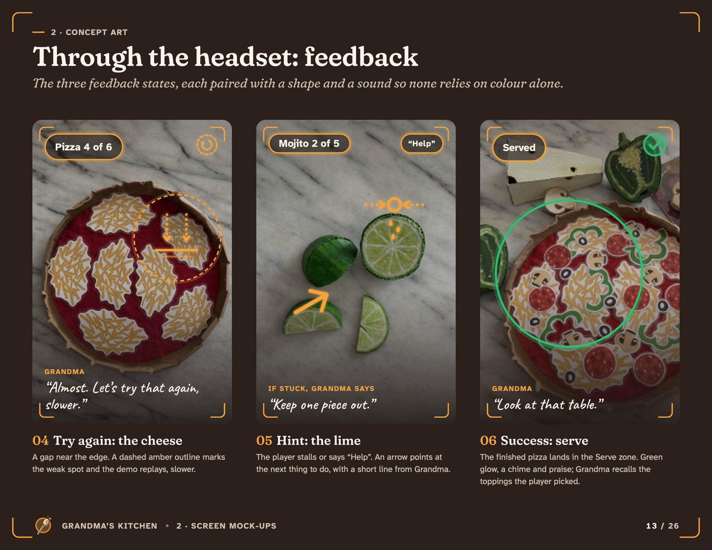 Through the headset, feedback: try again, hint and success states on the pizza and mojito.