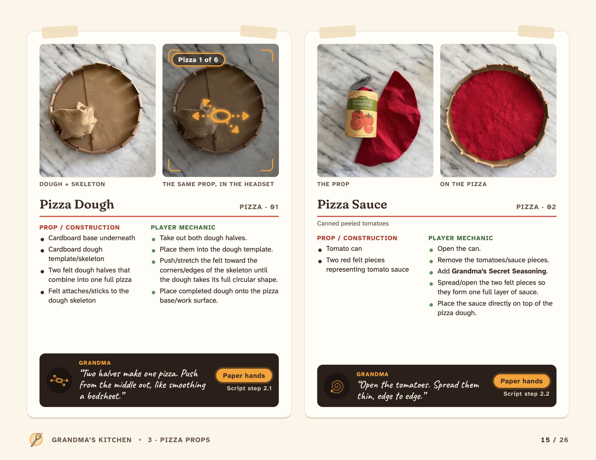 Prop sheets for the pizza dough and sauce: the real prop, how it was made and how the player uses it.
