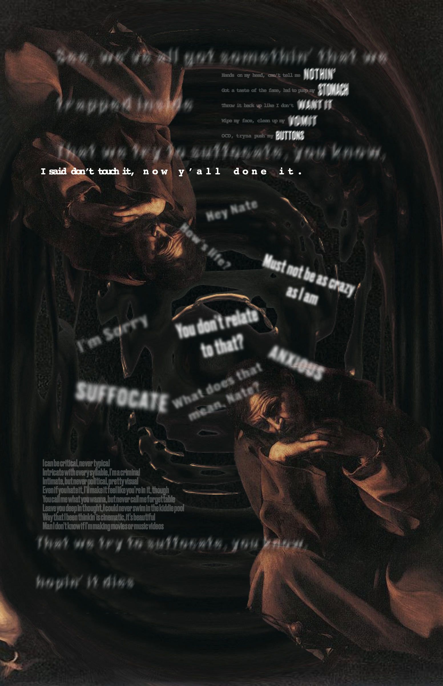The full poster: lyrics in varied sizes and directions around a dim, painterly figure.