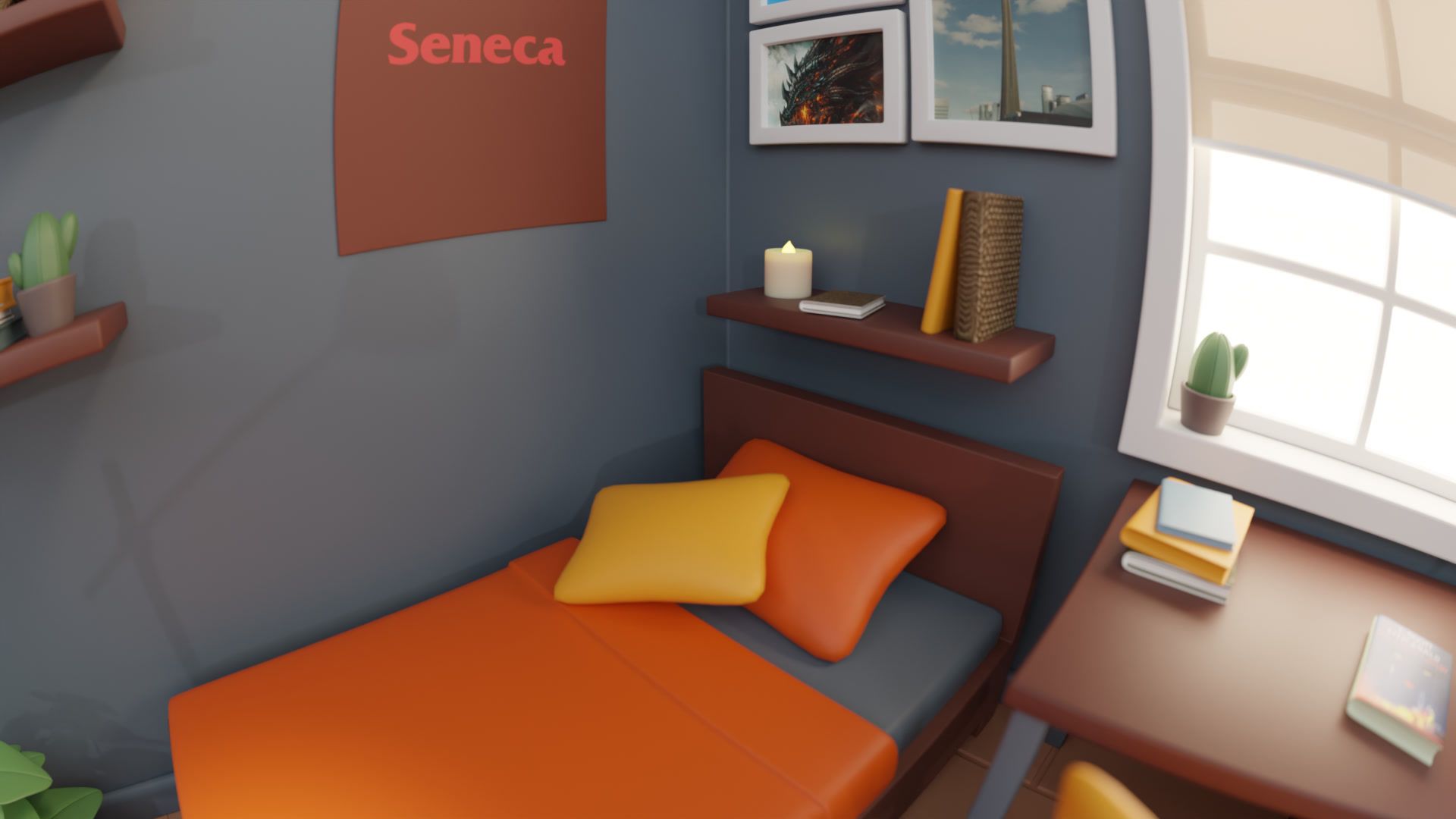 Wide fisheye view inside the room: the bed, a Seneca poster, framed prints and the window.