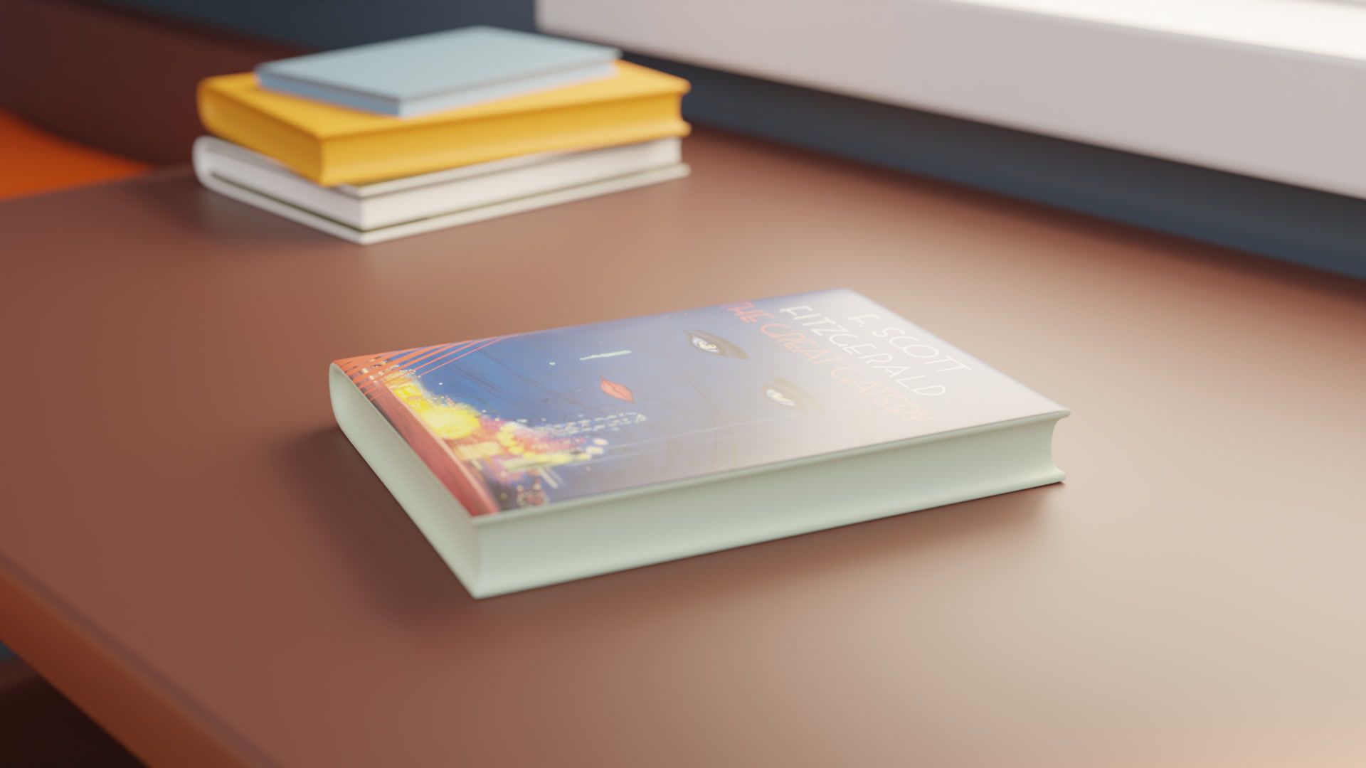 Close-up of a hardcover book on the desk, with the room softly out of focus behind it.