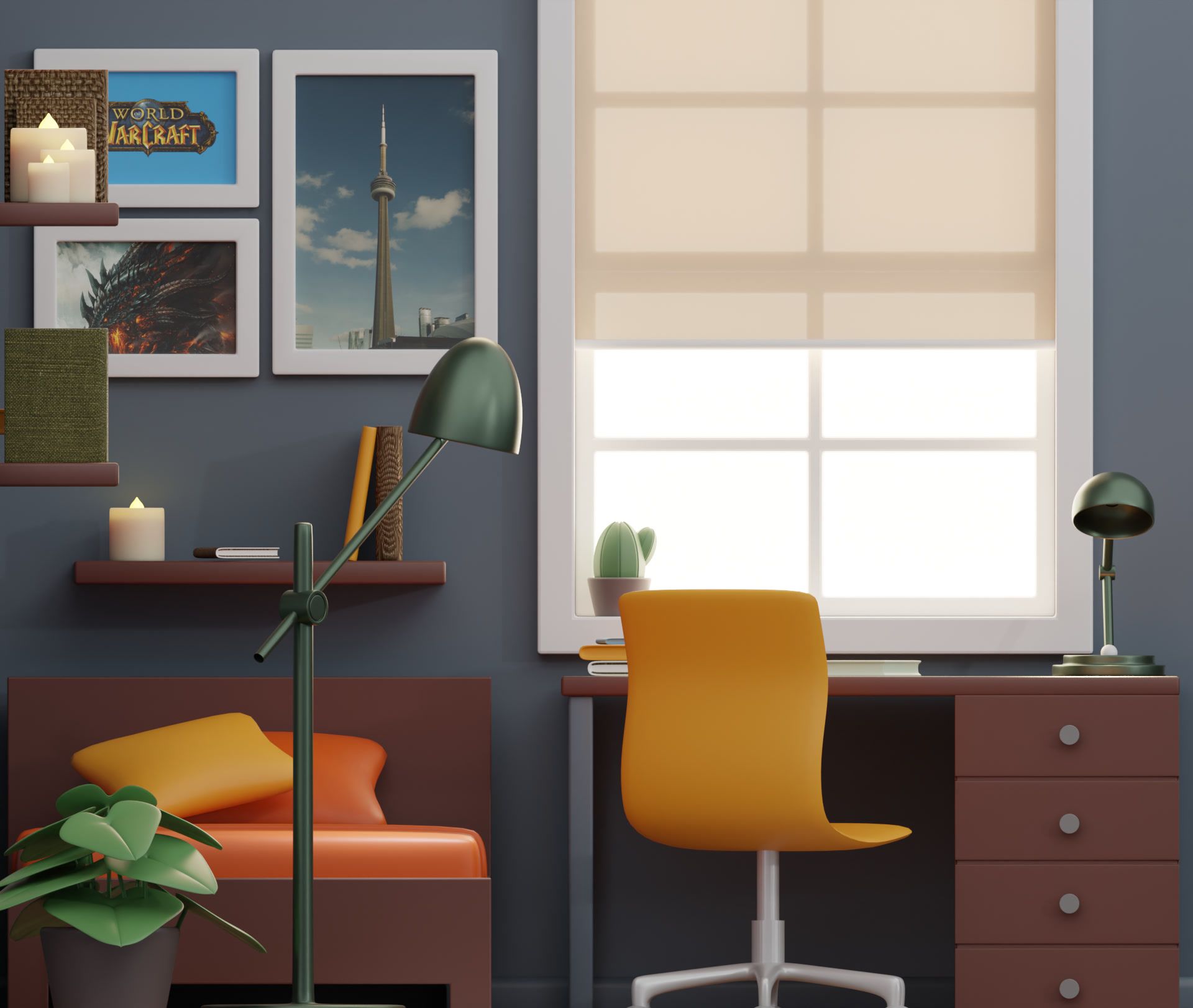 Straight-on side view: framed prints, shelves with candles and books, the desk lamp, the chair and the window with its blind.