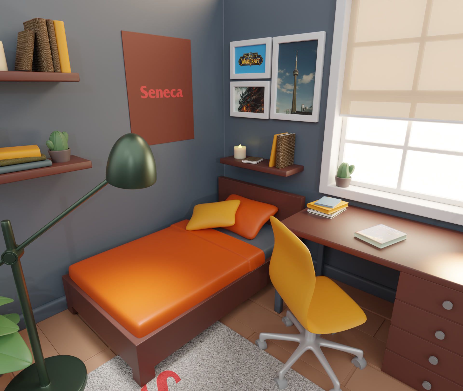 Three-quarter view of the bed, desk and chair, with the Seneca poster and framed prints on the walls.