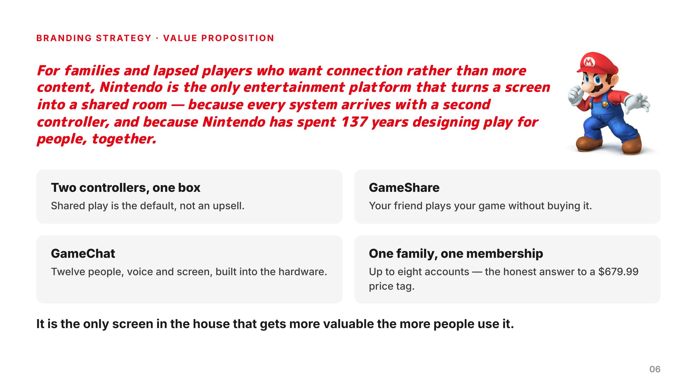 Value proposition slide for families and lapsed players, with four product ideas.