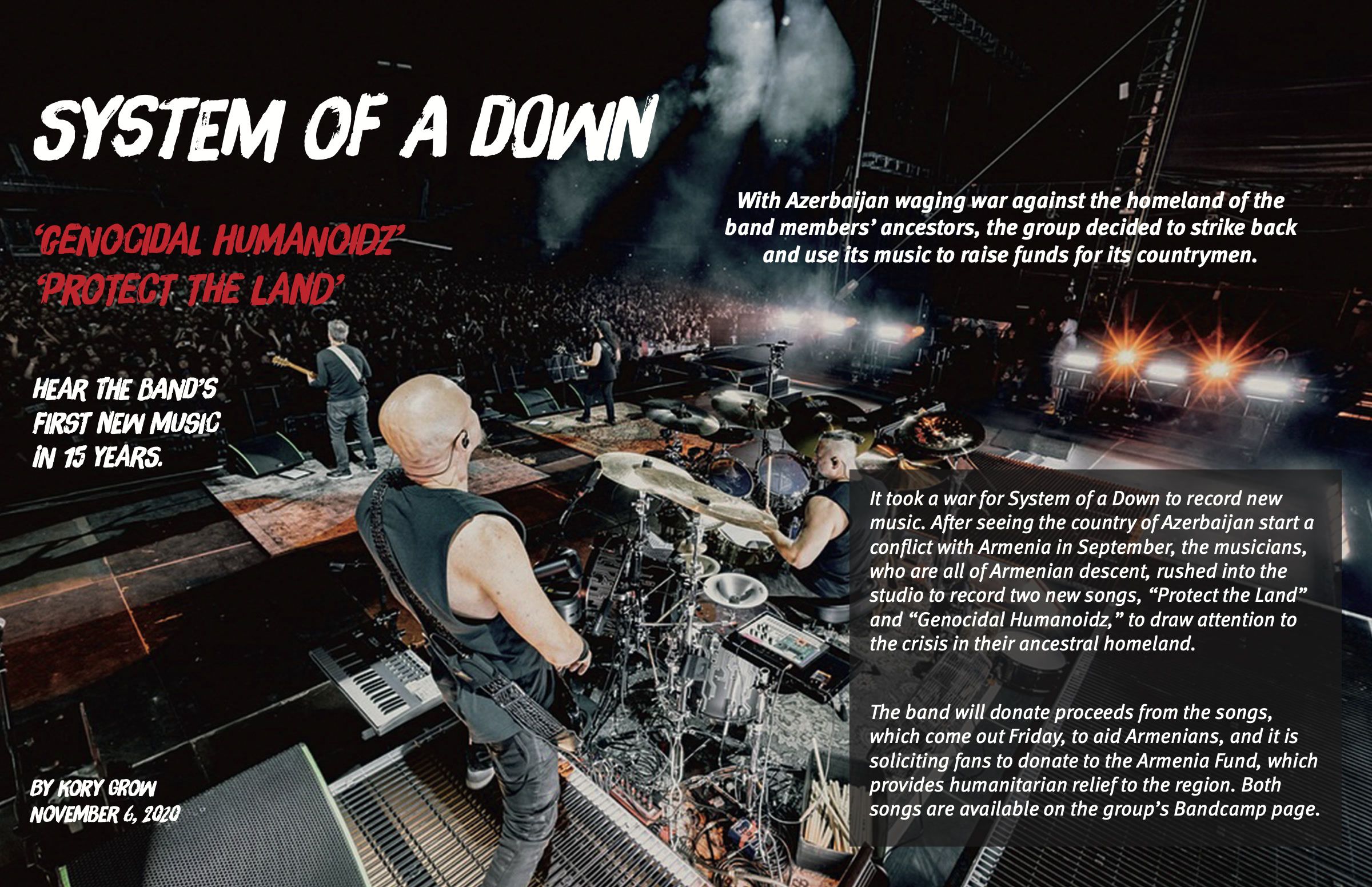 Opening spread: concert photo, headline, pull quotes and the standfirst set over the image.