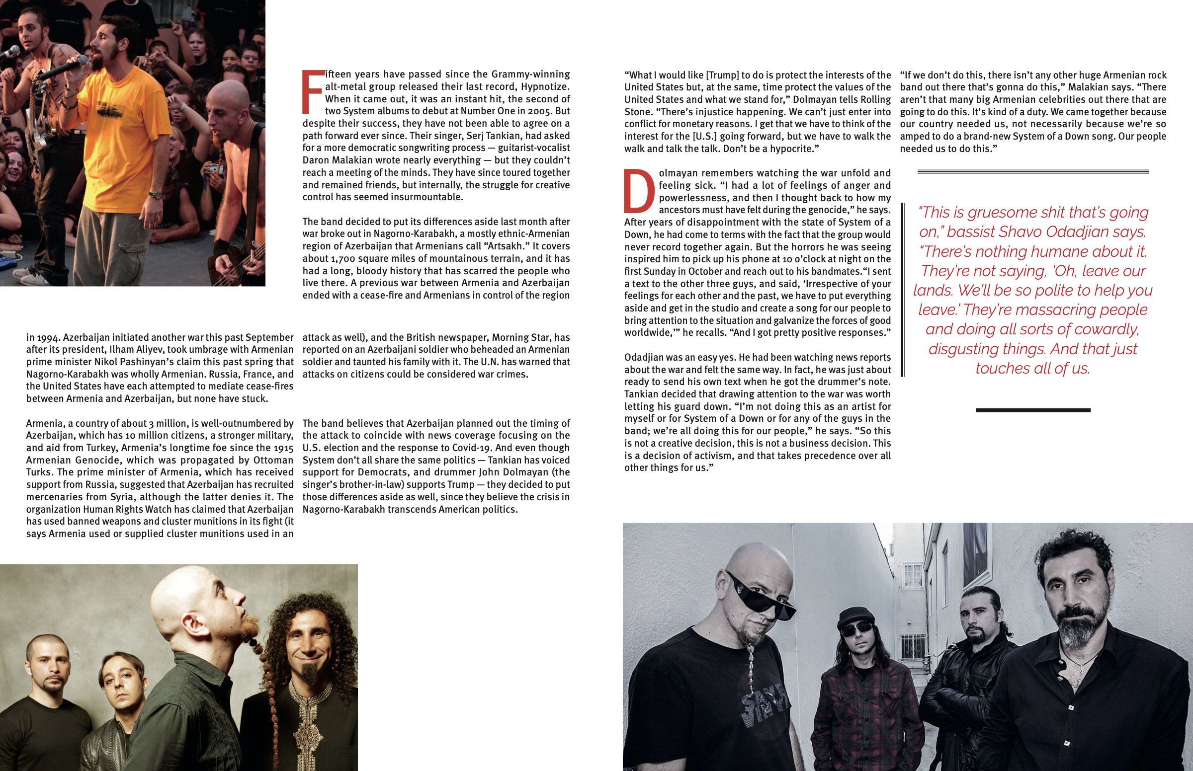 Second spread: three columns of article text with a drop cap, a pull quote and a band photo.