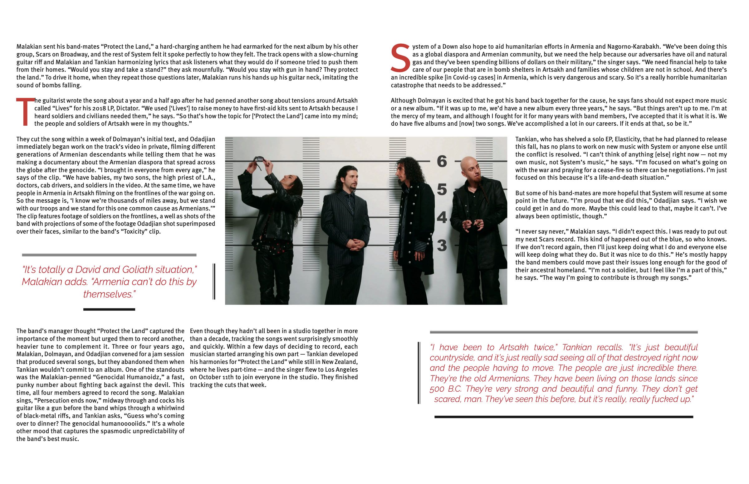 Closing spread: article text, a pull quote and a black and white band portrait.