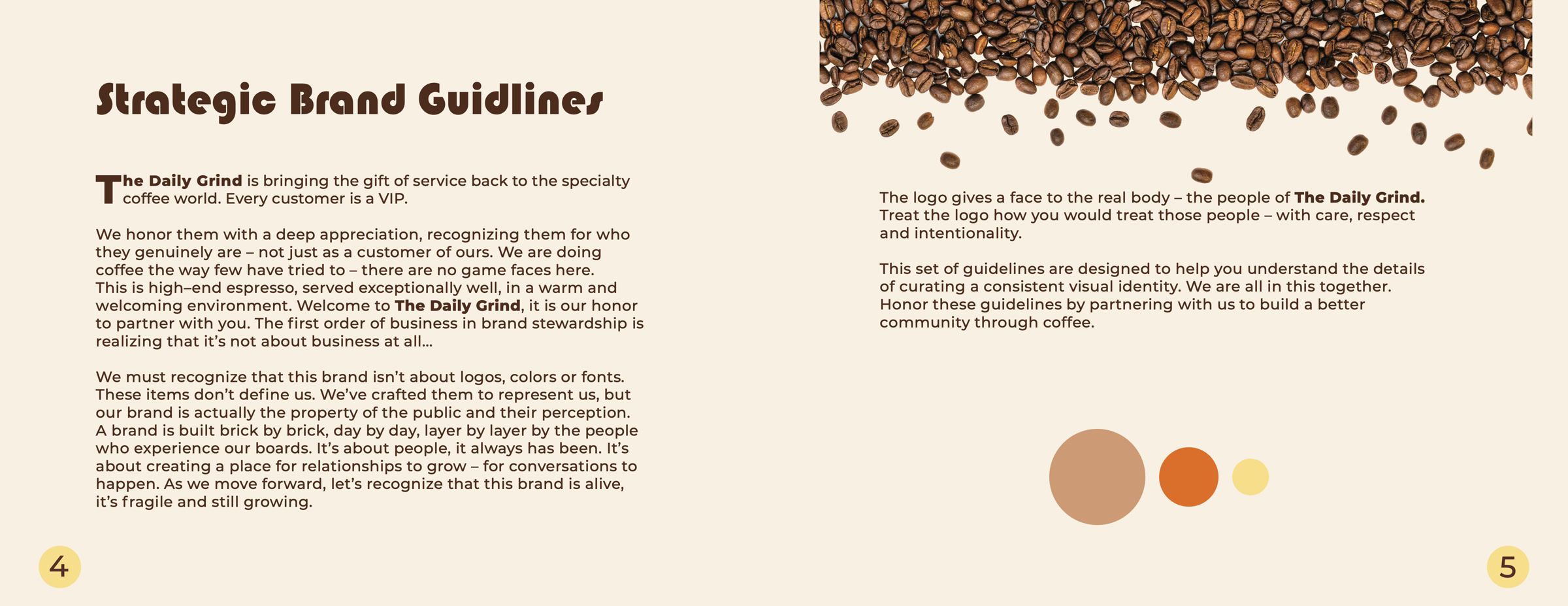 Spread with the strategic brand guidelines and the idea behind the logo, under a photo of coffee beans.