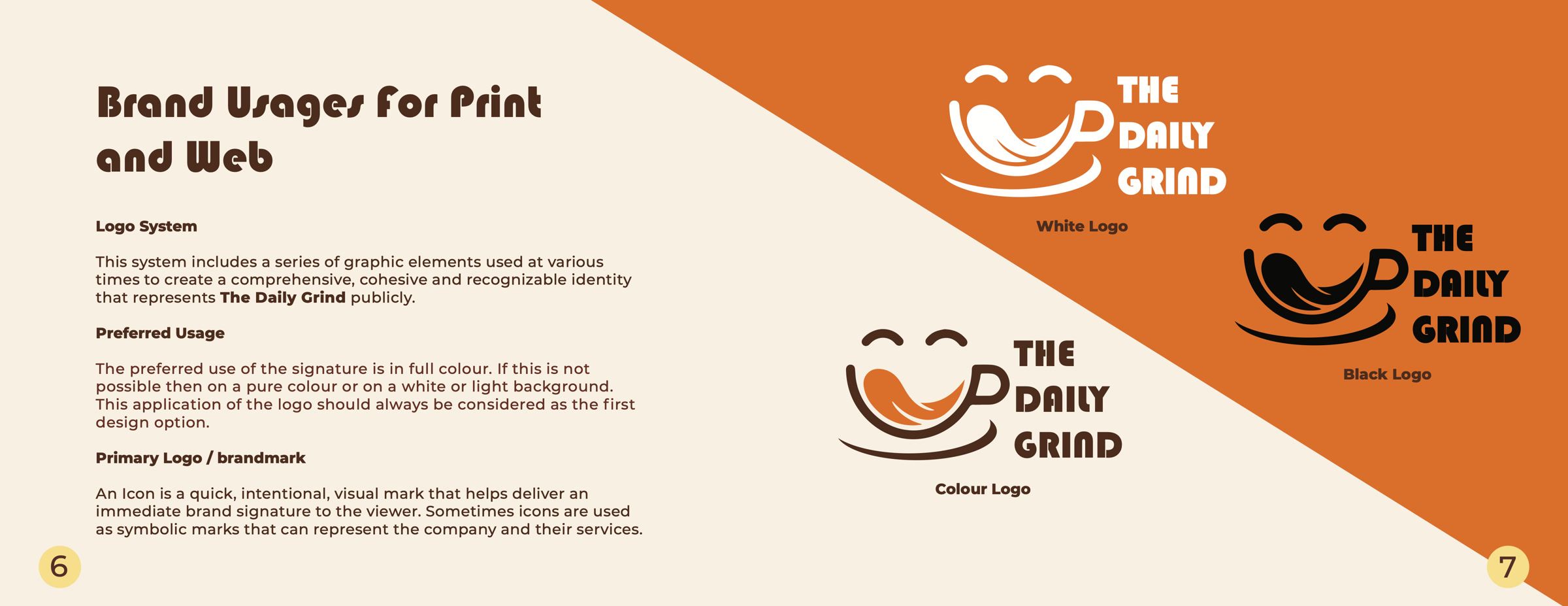 Spread on brand usage for print and web, with the colour, black and white versions of the logo.