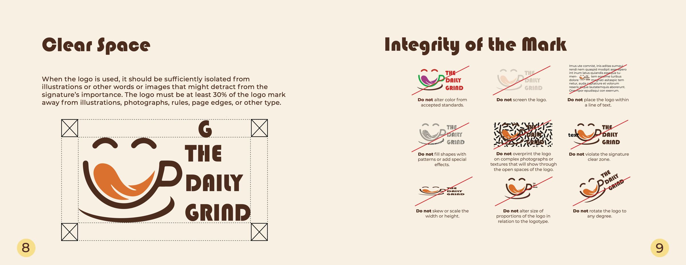 Spread on the logo's clear space, with examples of how not to alter the mark.